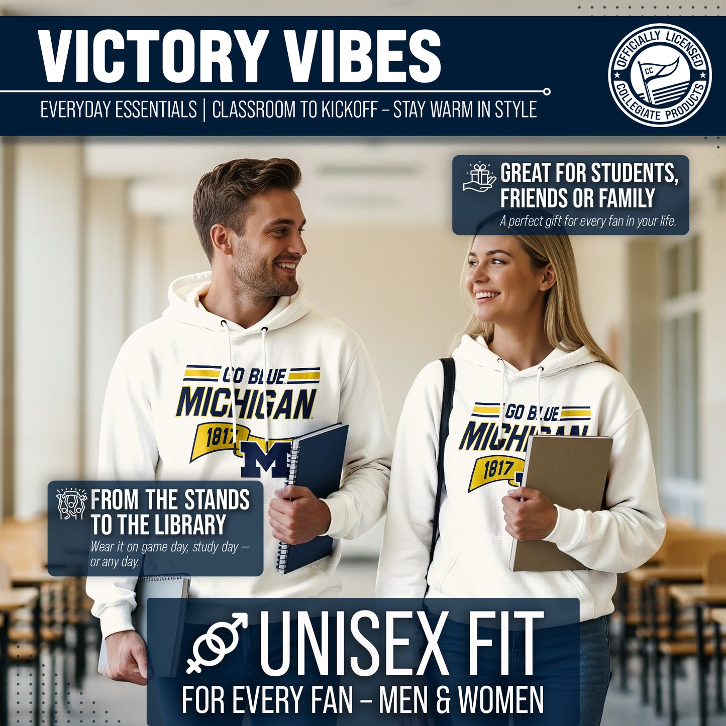 Michigan Wolverines NCAA Adult Unisex Varsity Club Pennant Hooded Fleece Sweatshirt - Off White