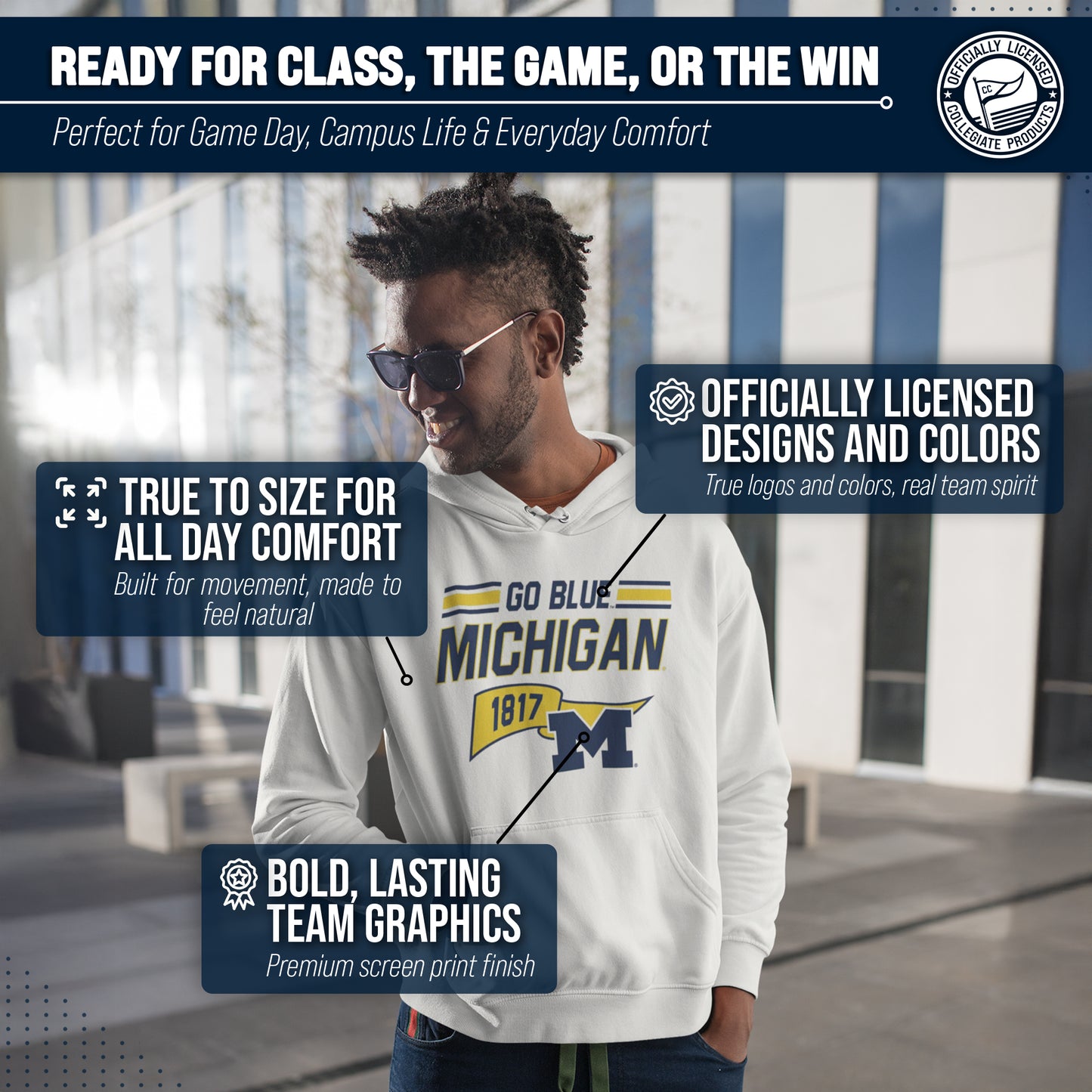 Michigan Wolverines NCAA Adult Unisex Varsity Club Pennant Hooded Fleece Sweatshirt - Off White