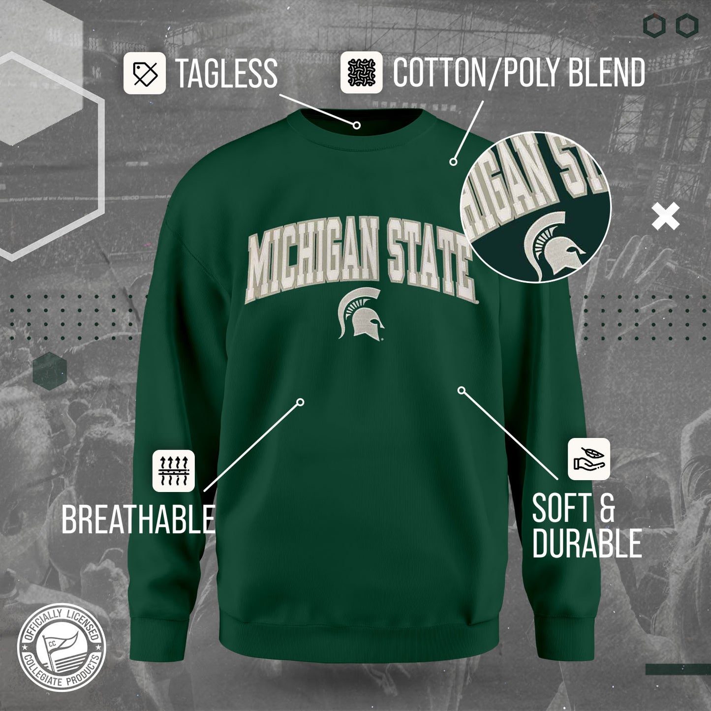 Michigan State Spartans NCAA Adult Tackle Twill Crewneck Sweatshirt - Green