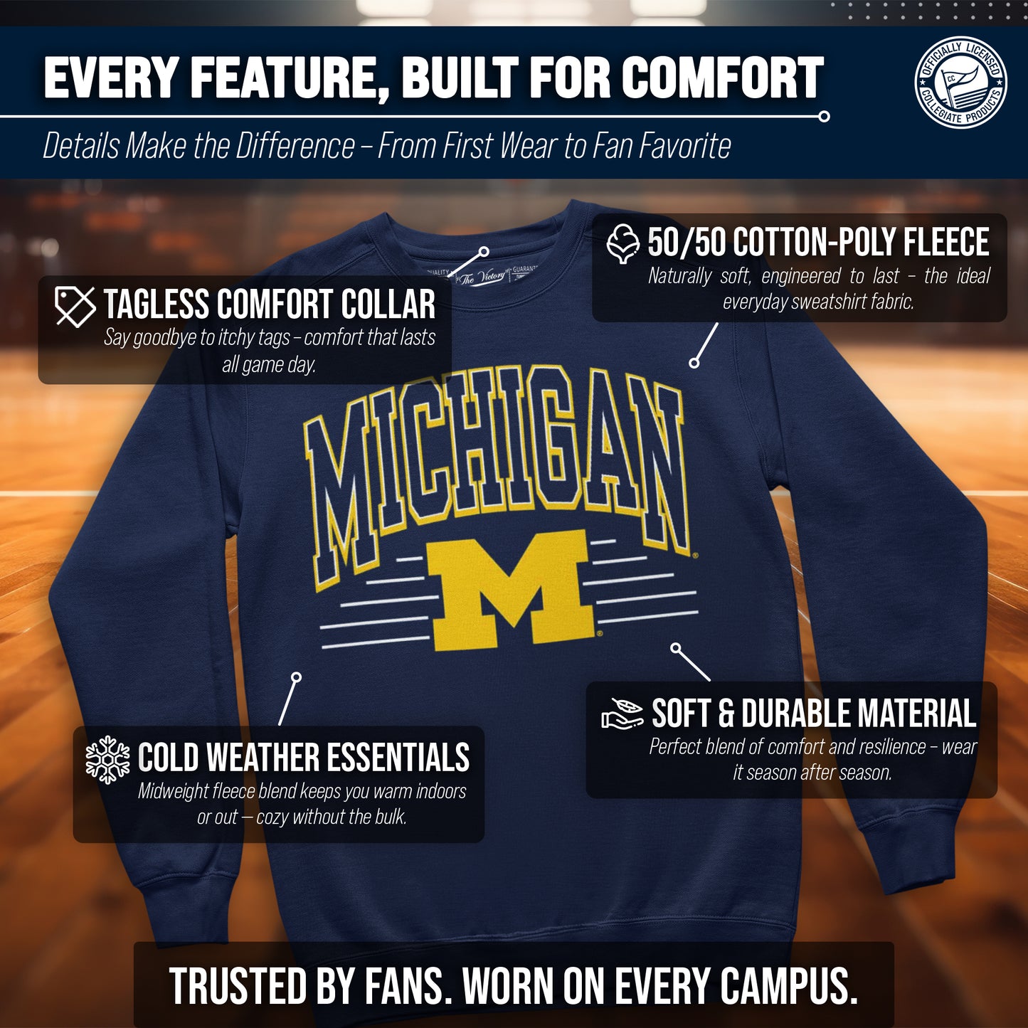 Michigan Wolverines NCAA Adult Unisex Overtime Classics Crewneck Fleece Sweatshirt - Navy
