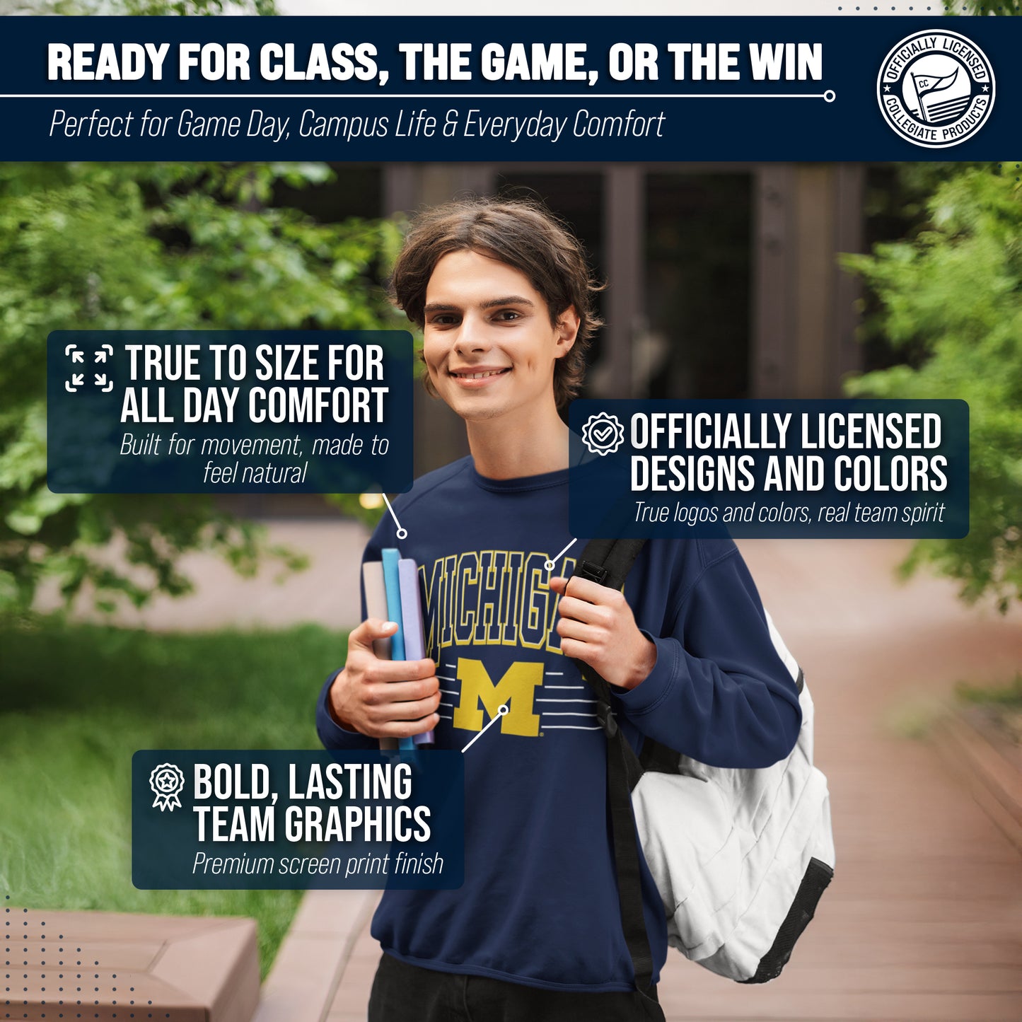 Michigan Wolverines NCAA Adult Unisex Overtime Classics Crewneck Fleece Sweatshirt - Navy