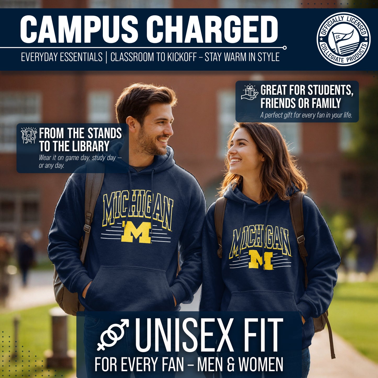 Michigan Wolverines NCAA Adult Unisex Overtime Classics Hooded Fleece Sweatshirt - Navy