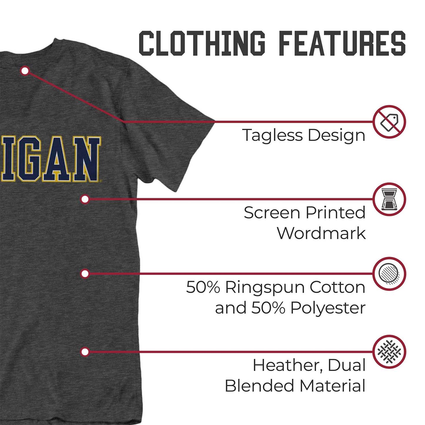 Michigan Wolverines Campus Colors NCAA Adult Cotton Blend Charcoal Tagless T-Shirt - Charcoal