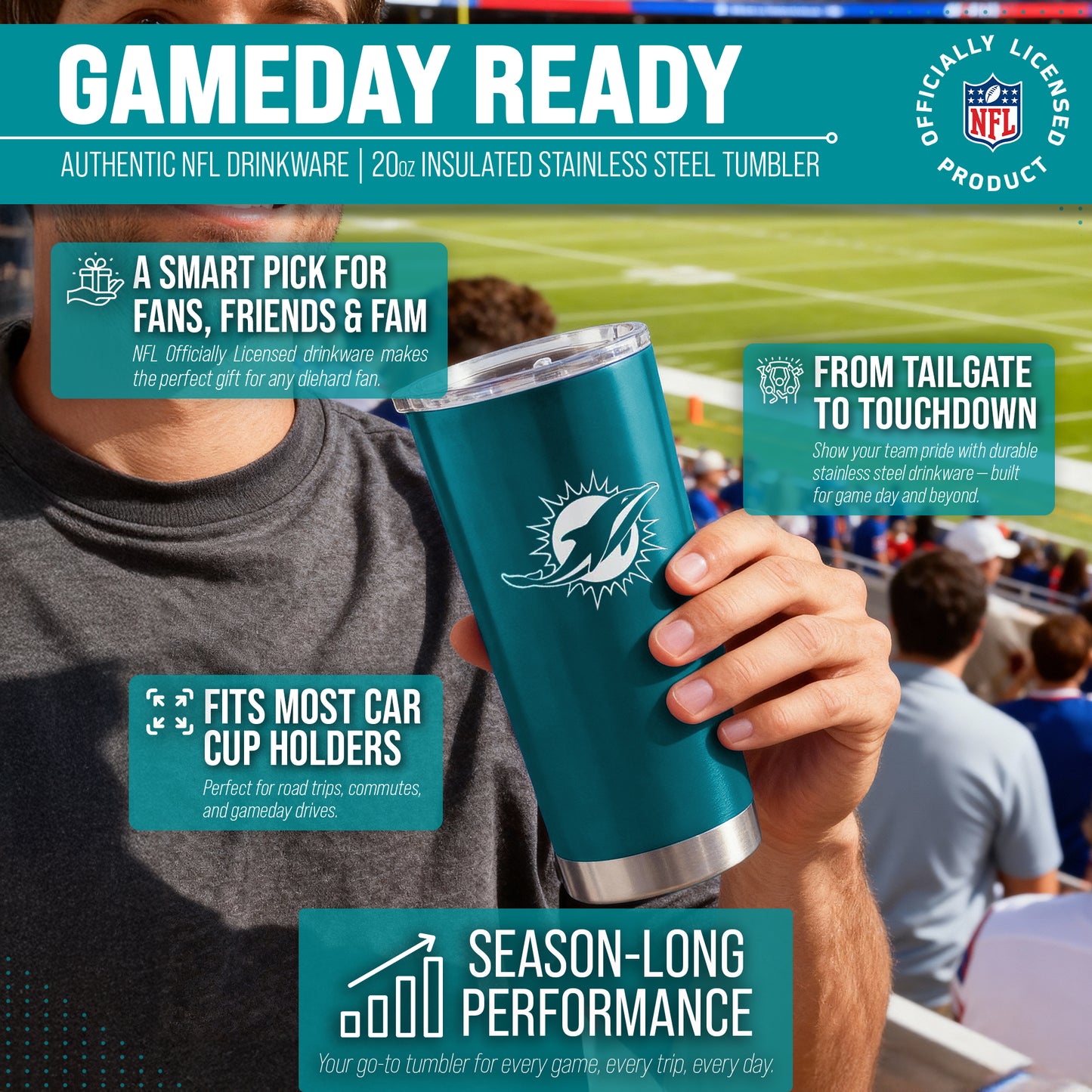 Miami Dolphins NFL 20oz Gameday Stainless Steel Tumbler - Aqua