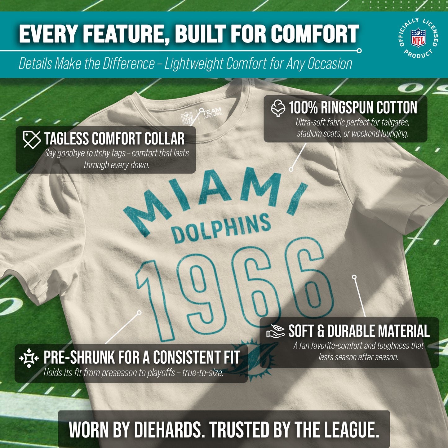 Miami Dolphins NFL Adult Big Date Tag-Less T-Shirt - Natural