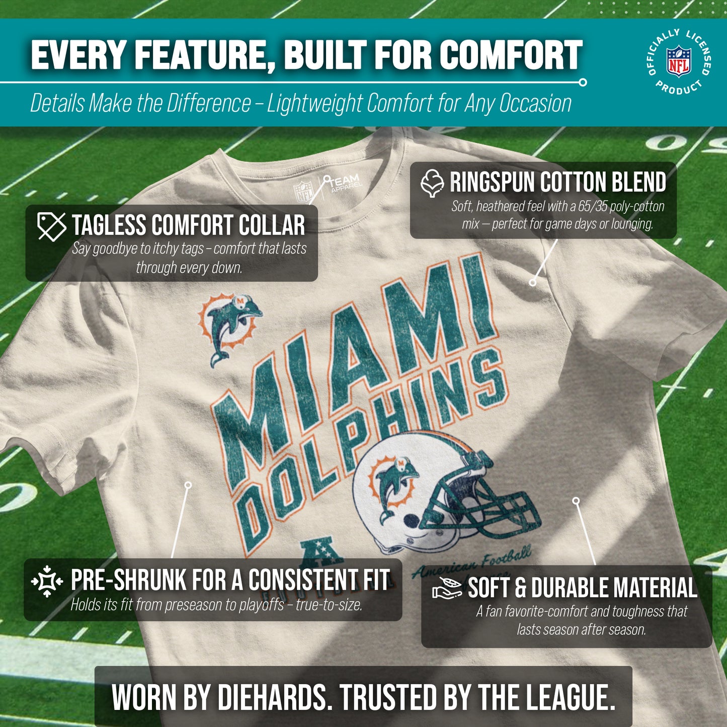 Miami Dolphins NFL Adult Distressed Helmet Tag-Less T-Shirt - Cream