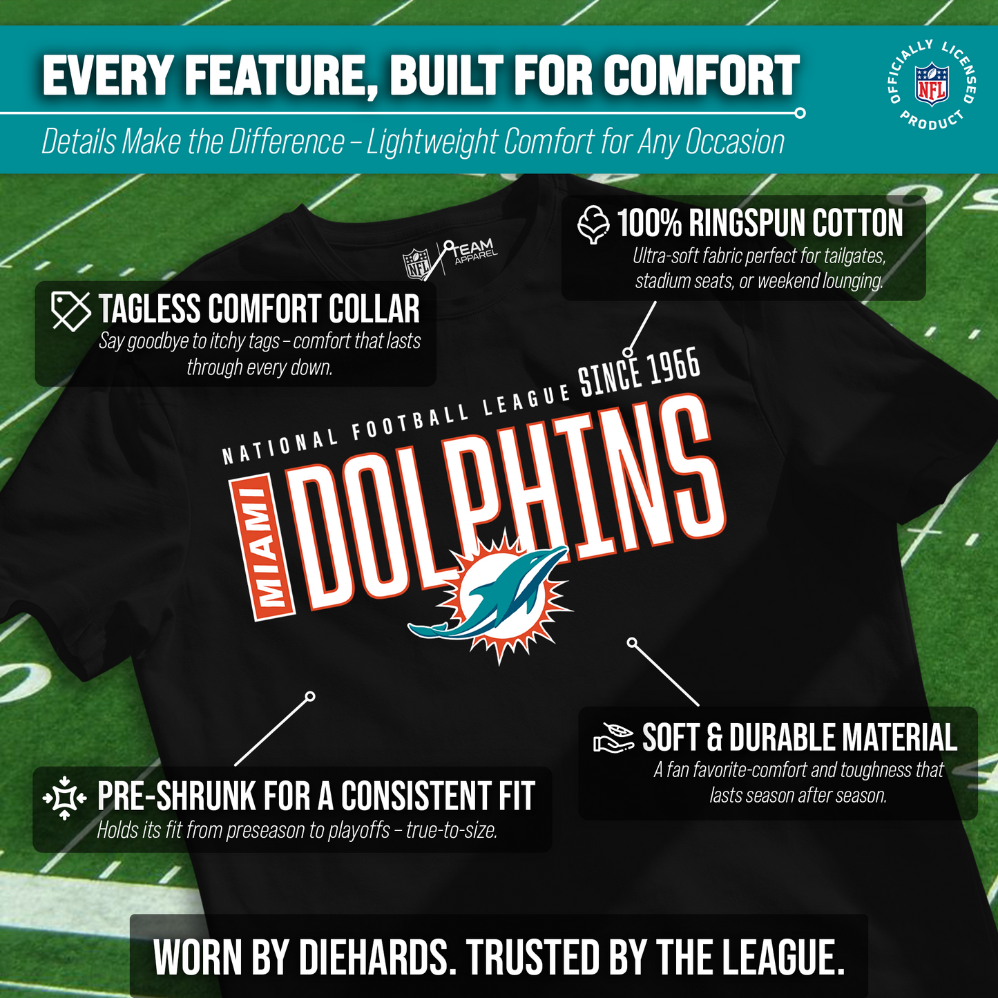 Miami Dolphins NFL Adult Modern Endzone Tag-Less T-Shirt - Black