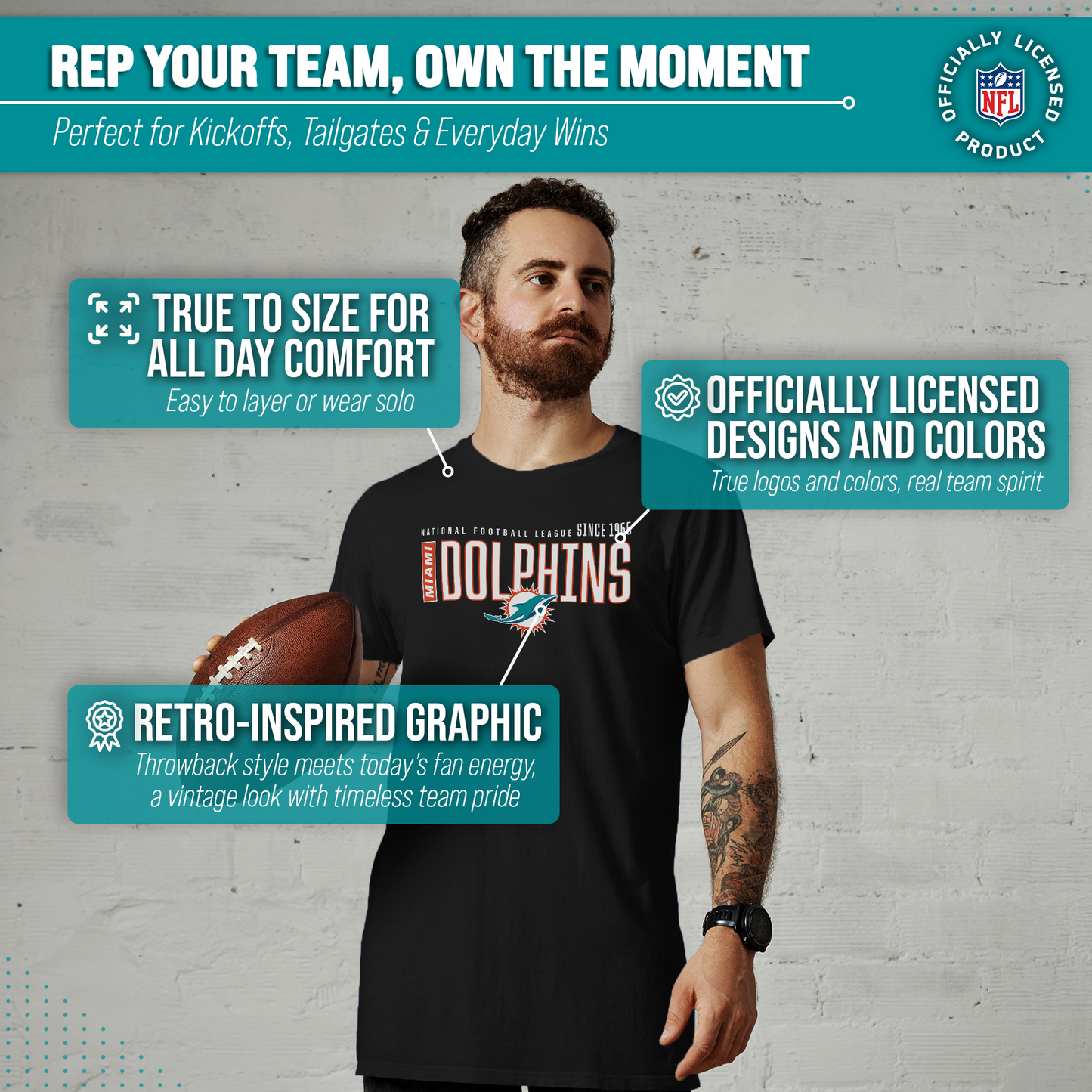 Miami Dolphins NFL Adult Modern Endzone Tag-Less T-Shirt - Black