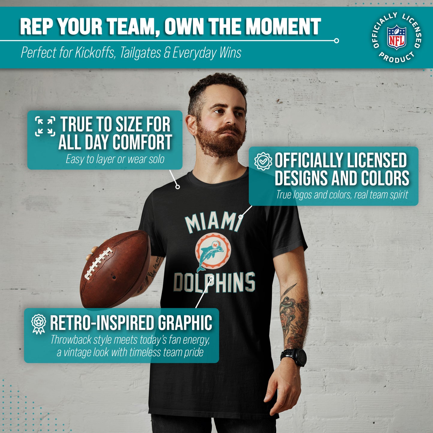 Miami Dolphins NFL Adult Retro Gameday Unisex T-Shirt - Black