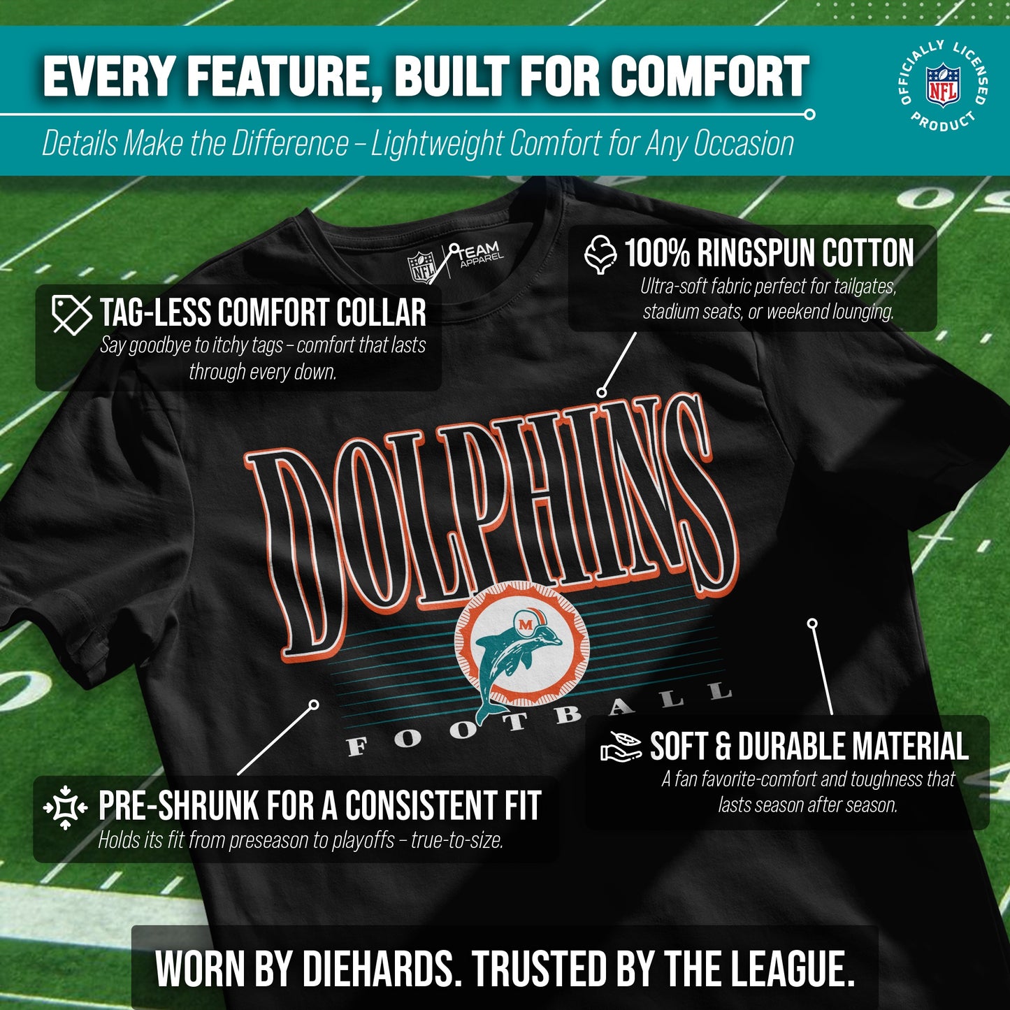 Miami Dolphins NFL Adult Overtime Blueprint Tag-Less T-Shirt - Black