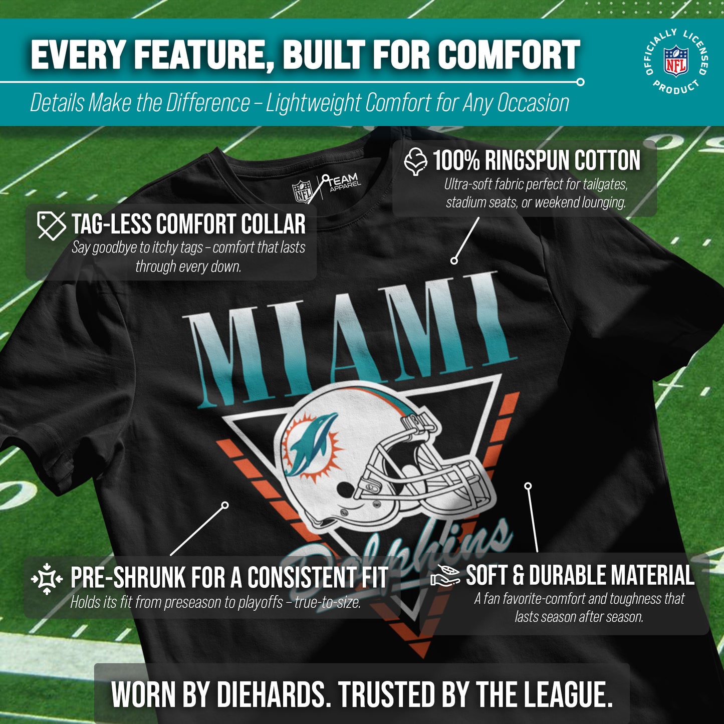 Miami Dolphins NFL Adult Retro Triangle Unisex T-Shirt - Black