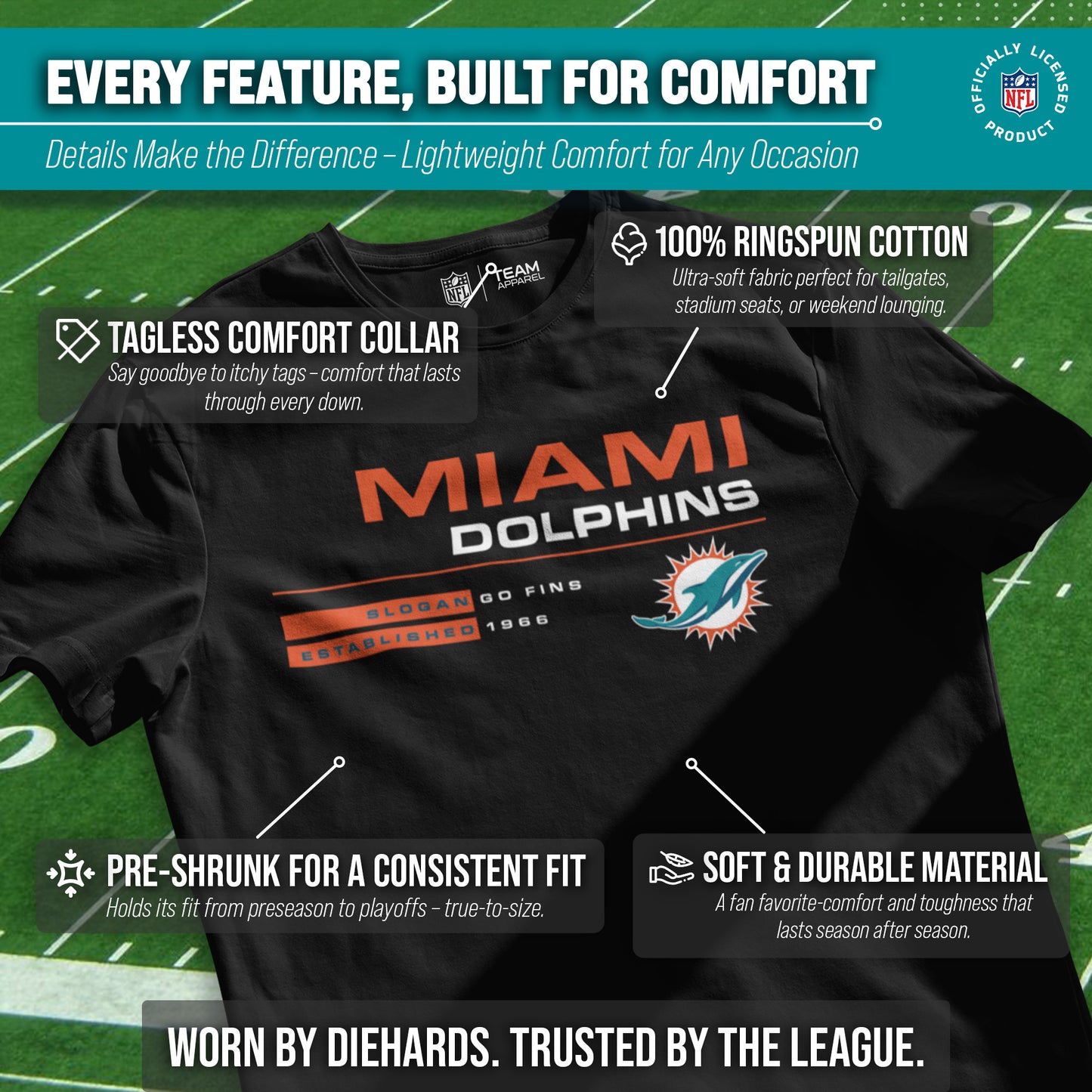 Miami Dolphins Adult NFL Speed Stat Sheet T-Shirt - Black