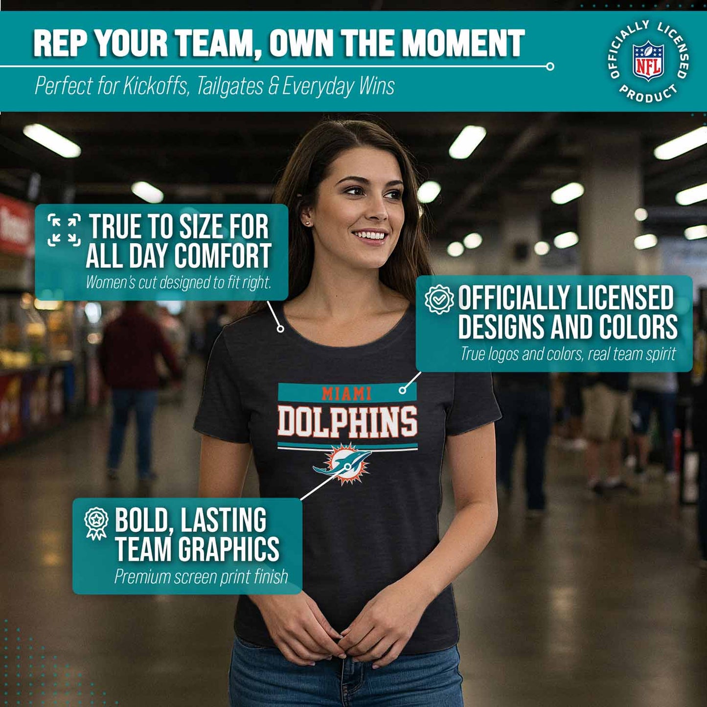 Miami Dolphins NFL Women's Team Block Charcoal Tagless T-Shirt - Charcoal