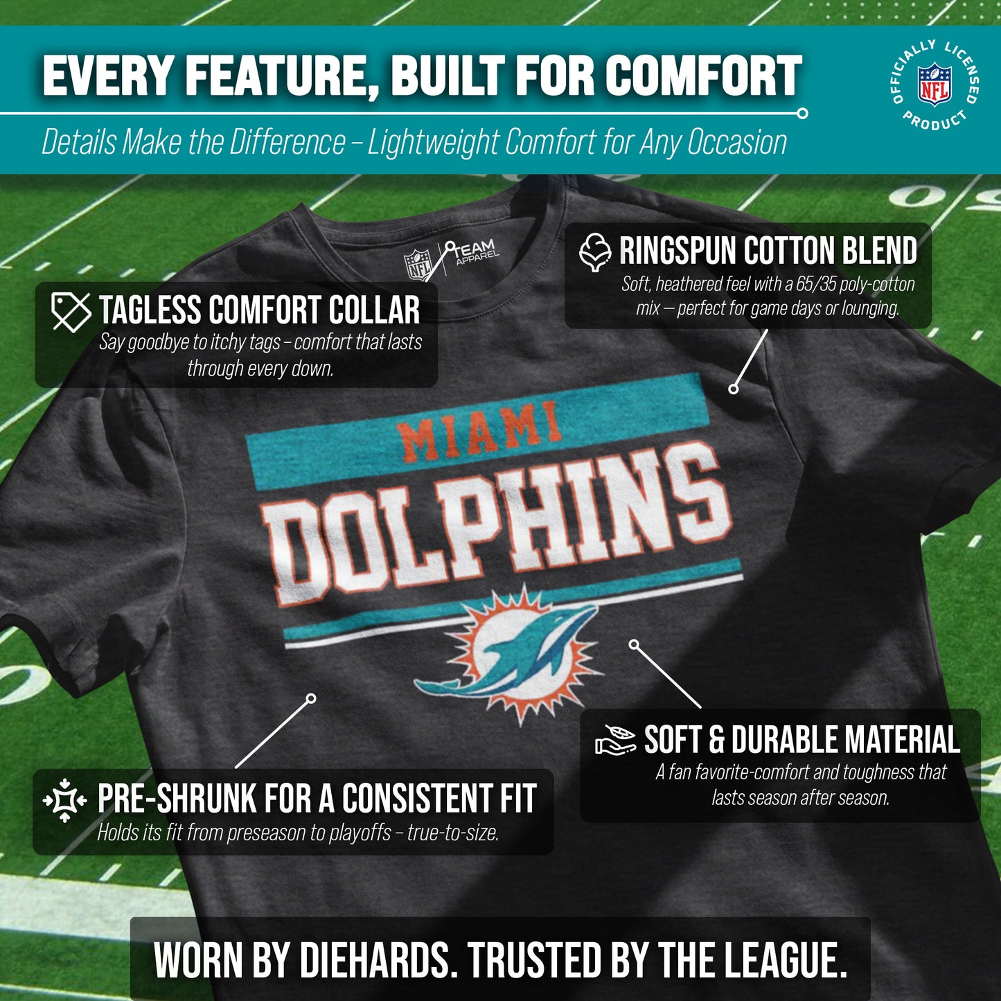 Miami Dolphins NFL Adult Team Block Tagless T-Shirt - Charcoal