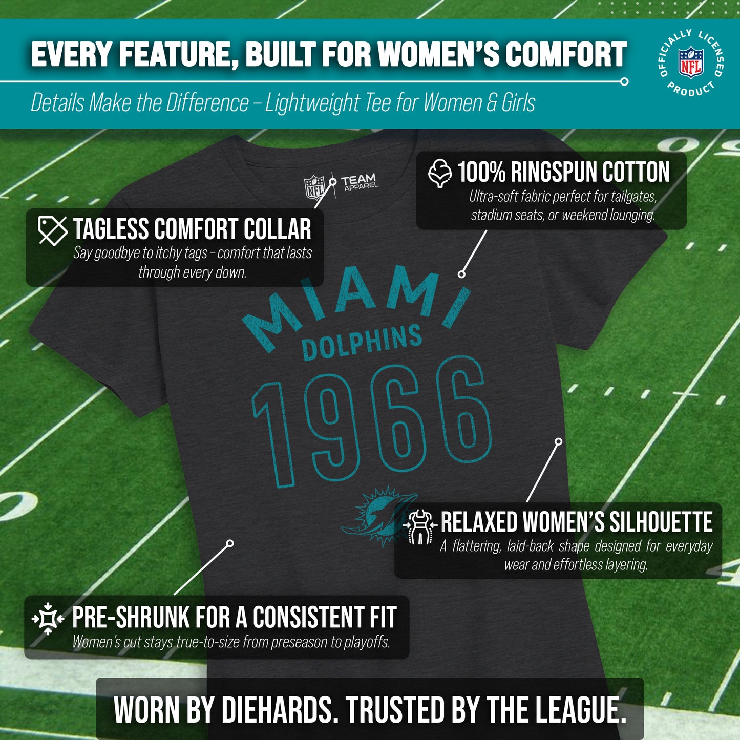 Miami Dolphins NFL Womens Big Date Tag-Less T-Shirt - Black