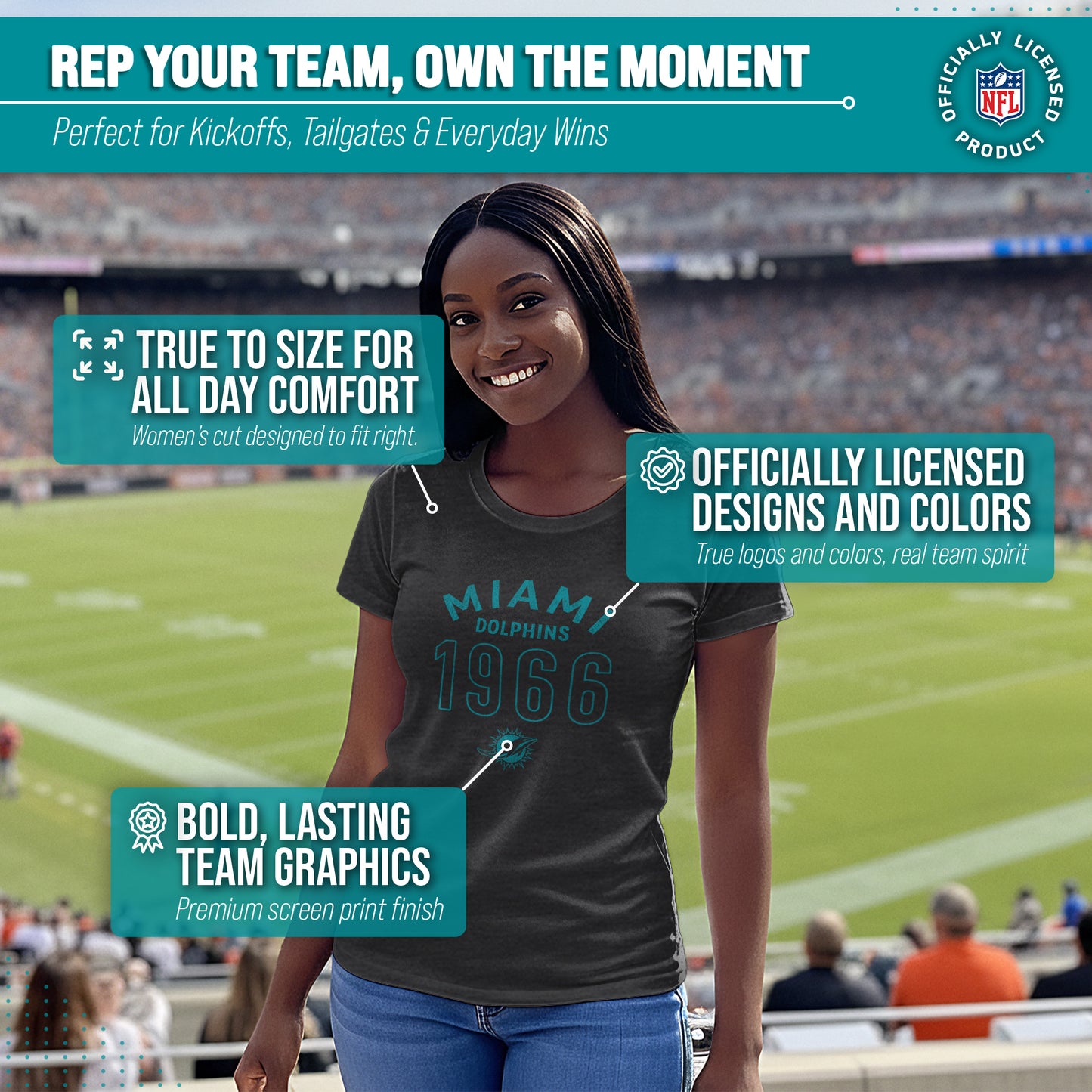 Miami Dolphins NFL Womens Big Date Tag-Less T-Shirt - Black