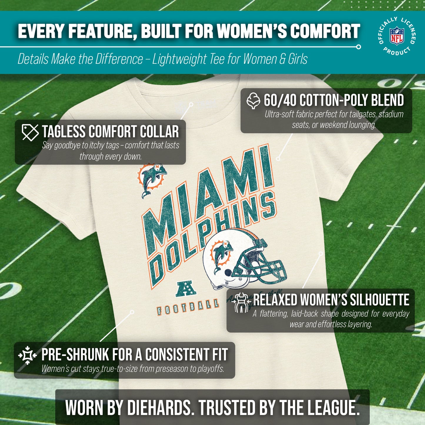 Miami Dolphins NFL Womens Distressed Helmet Tag-Less Soft T-Shirt - Birch