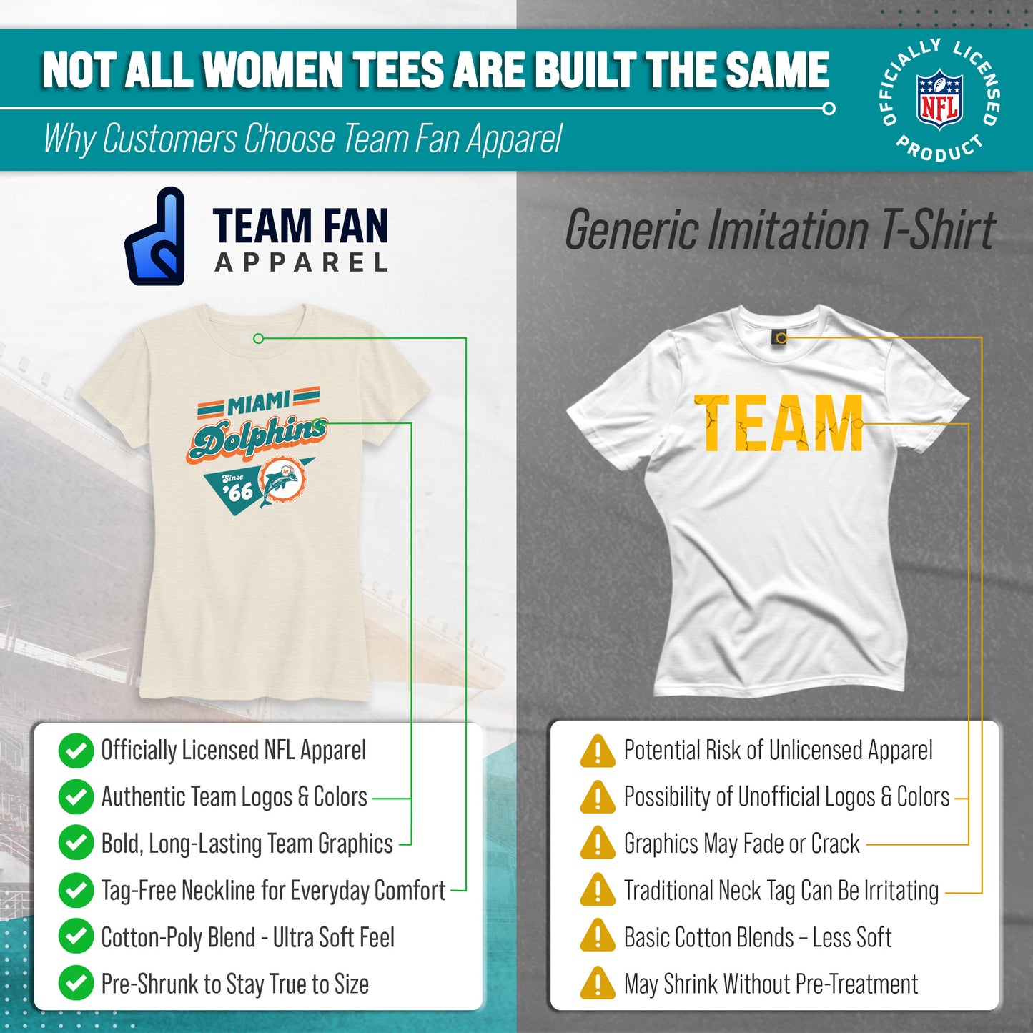 Miami Dolphins NFL Womens Vintage Charm Tag-Less Soft T-Shirt - Birch