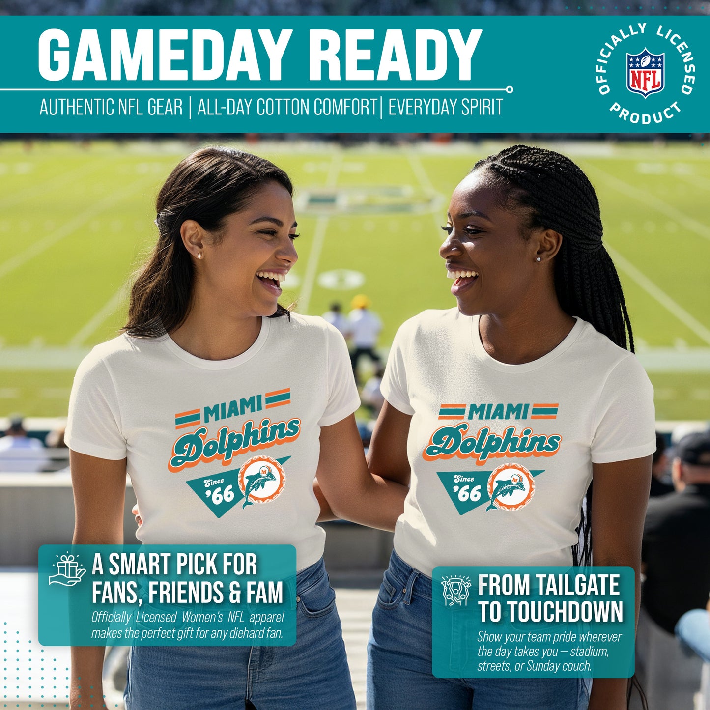 Miami Dolphins NFL Womens Vintage Charm Tag-Less Soft T-Shirt - Birch