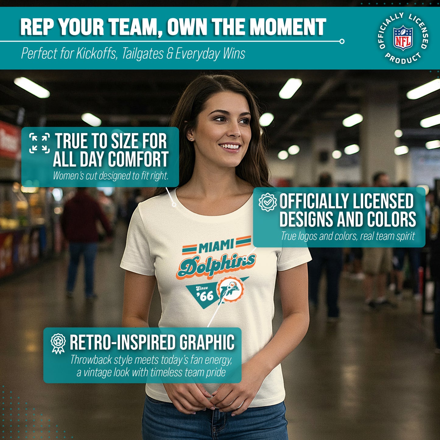 Miami Dolphins NFL Womens Vintage Charm Tag-Less Soft T-Shirt - Birch