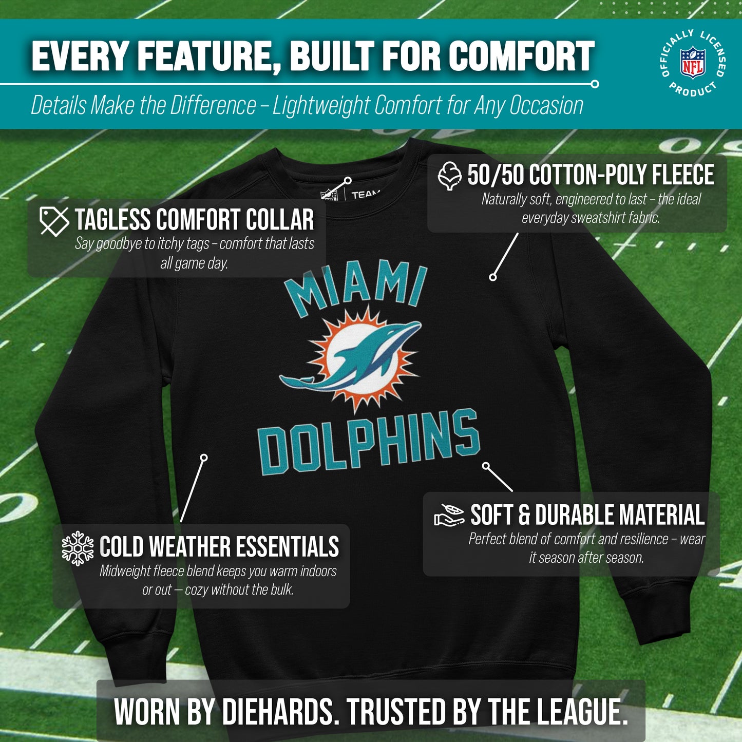 Miami Dolphins NFL Adult Gameday Football Crewneck Sweatshirt - Black