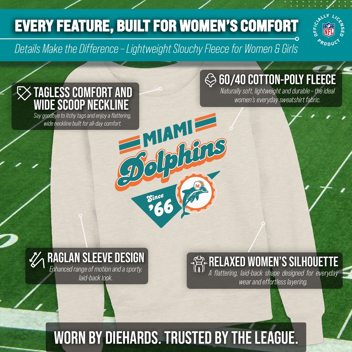 Miami Dolphins NFL Womens Vintage Charm Slouchy Crewneck - Birch