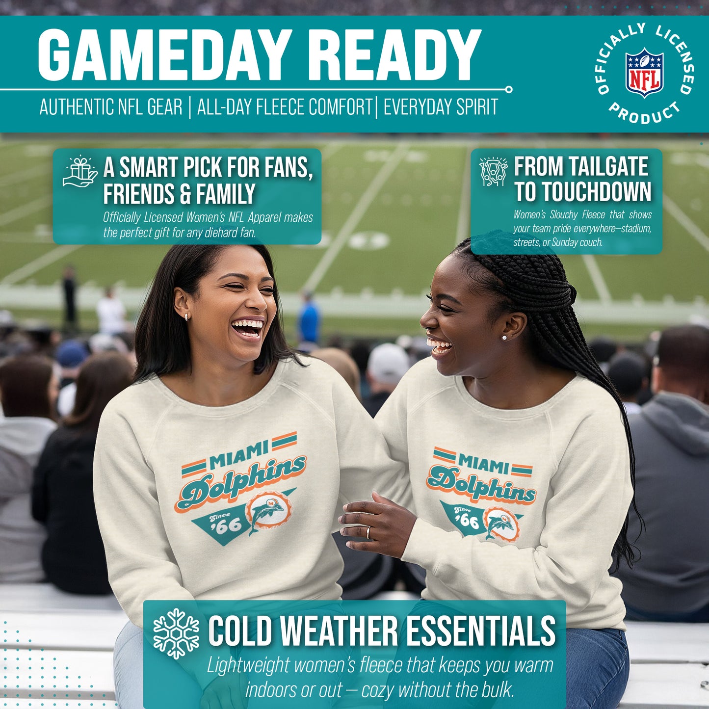 Miami Dolphins NFL Womens Vintage Charm Slouchy Crewneck - Birch