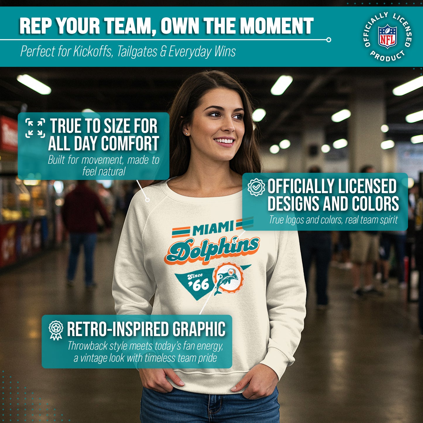 Miami Dolphins NFL Womens Vintage Charm Slouchy Crewneck - Birch