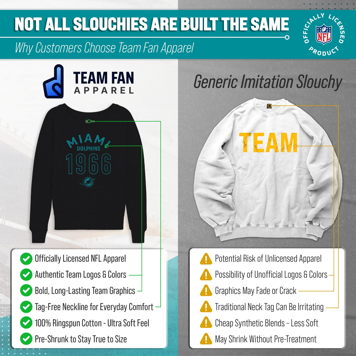 Miami Dolphins NFL Womens Big Date Slouchy Crewneck - Black