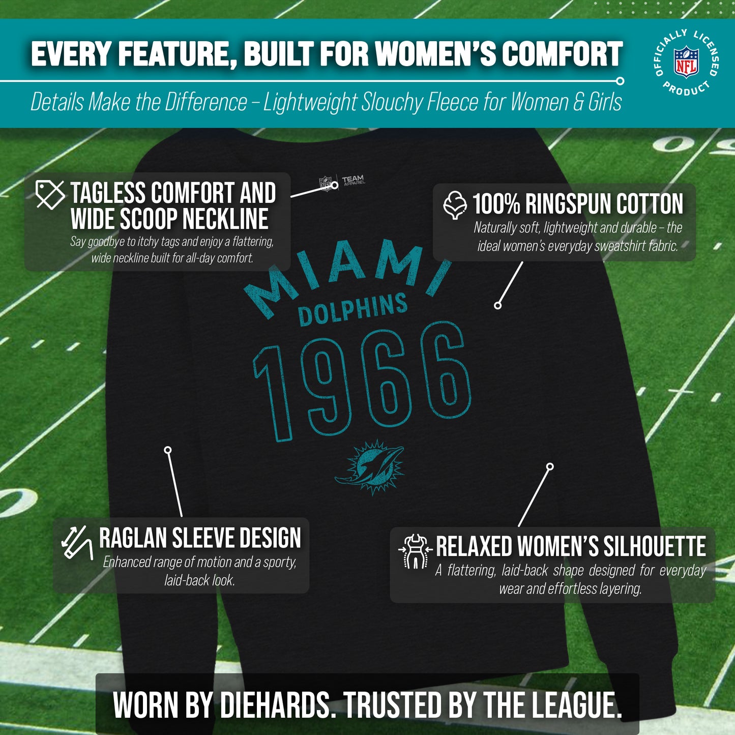 Miami Dolphins NFL Womens Big Date Slouchy Crewneck - Black