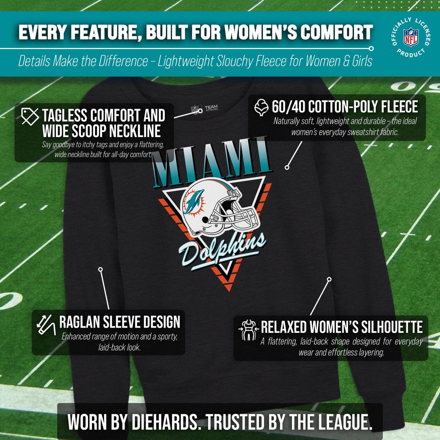 Miami Dolphins NFL Womens Retro Triangle Slouchy Crewneck - Heather Charcoal