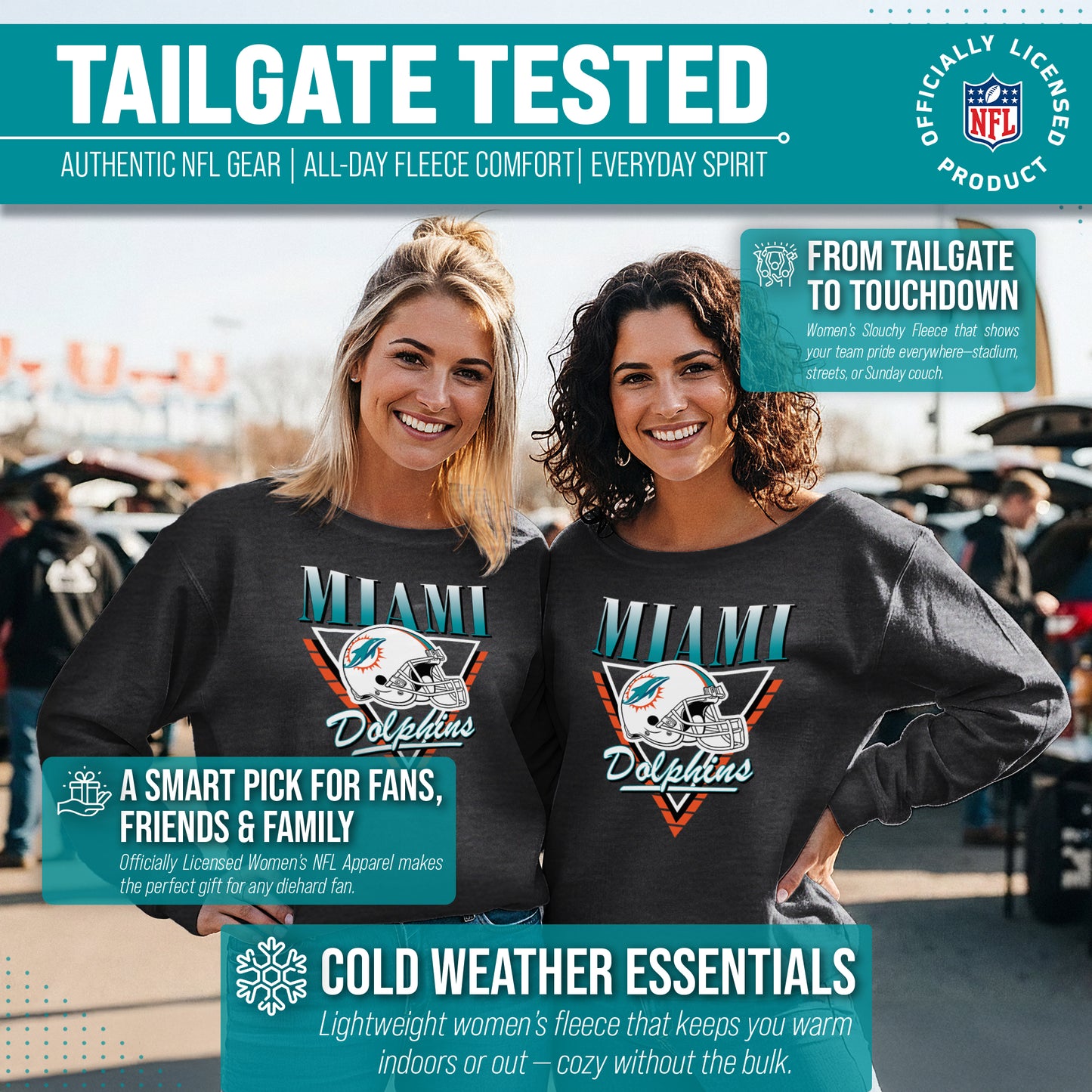 Miami Dolphins NFL Womens Retro Triangle Slouchy Crewneck - Heather Charcoal