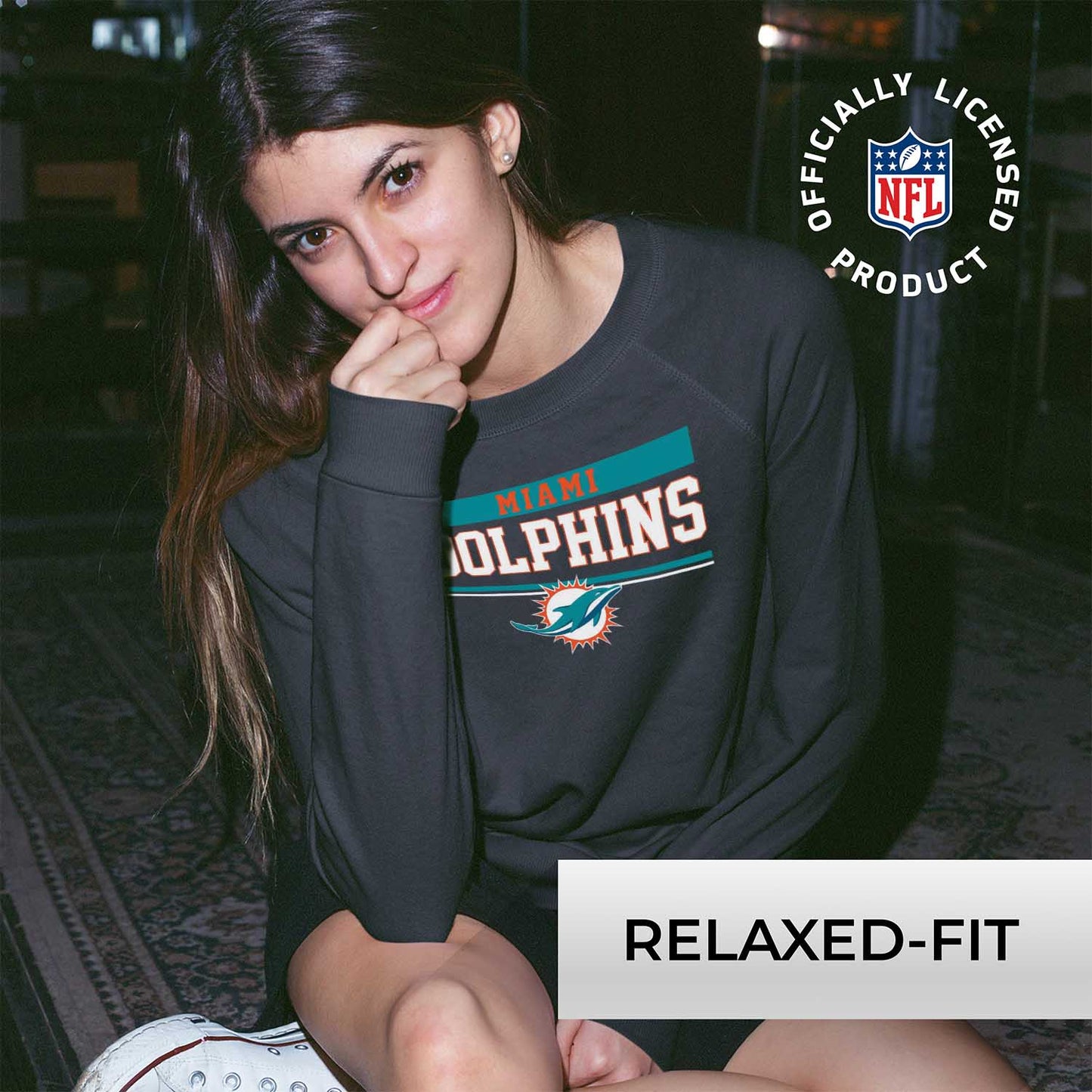 Miami Dolphins NFL Womens Charcoal Crew Neck Football Apparel - Charcoal
