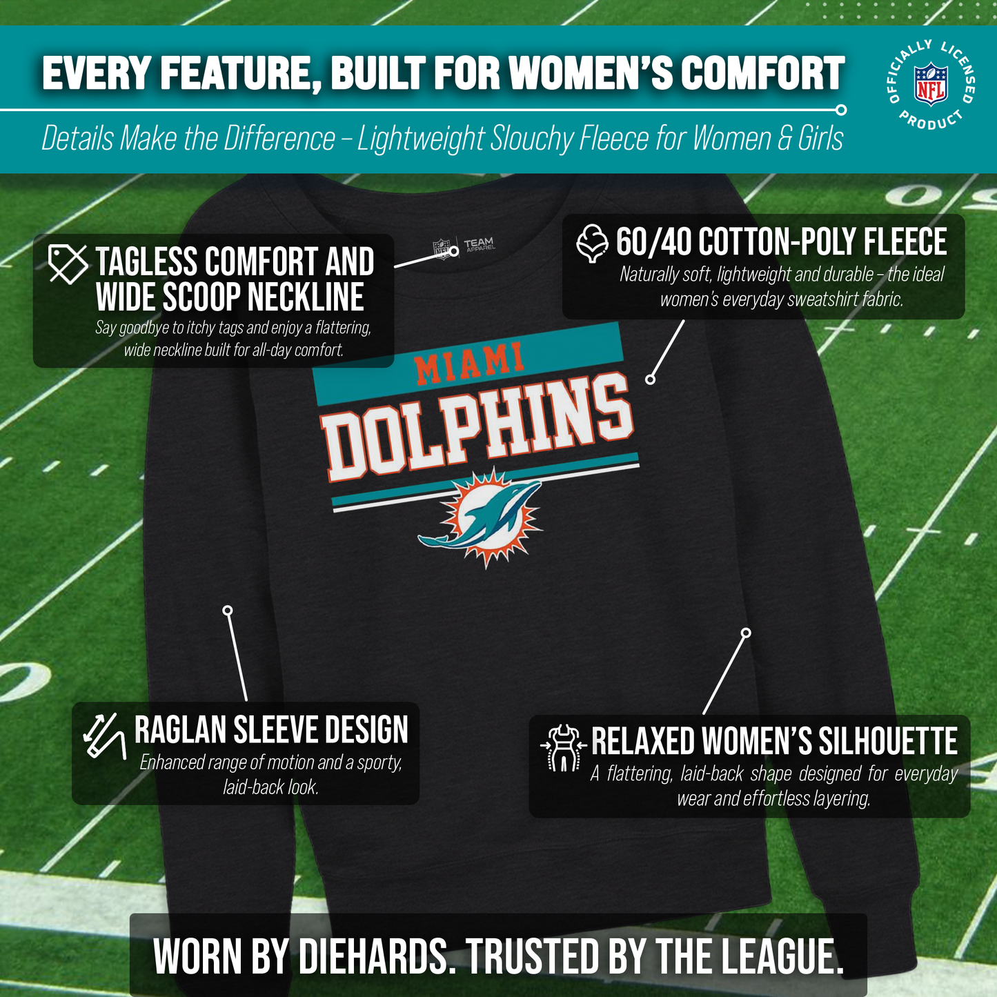 Miami Dolphins NFL Womens Charcoal Crew Neck Football Apparel - Charcoal