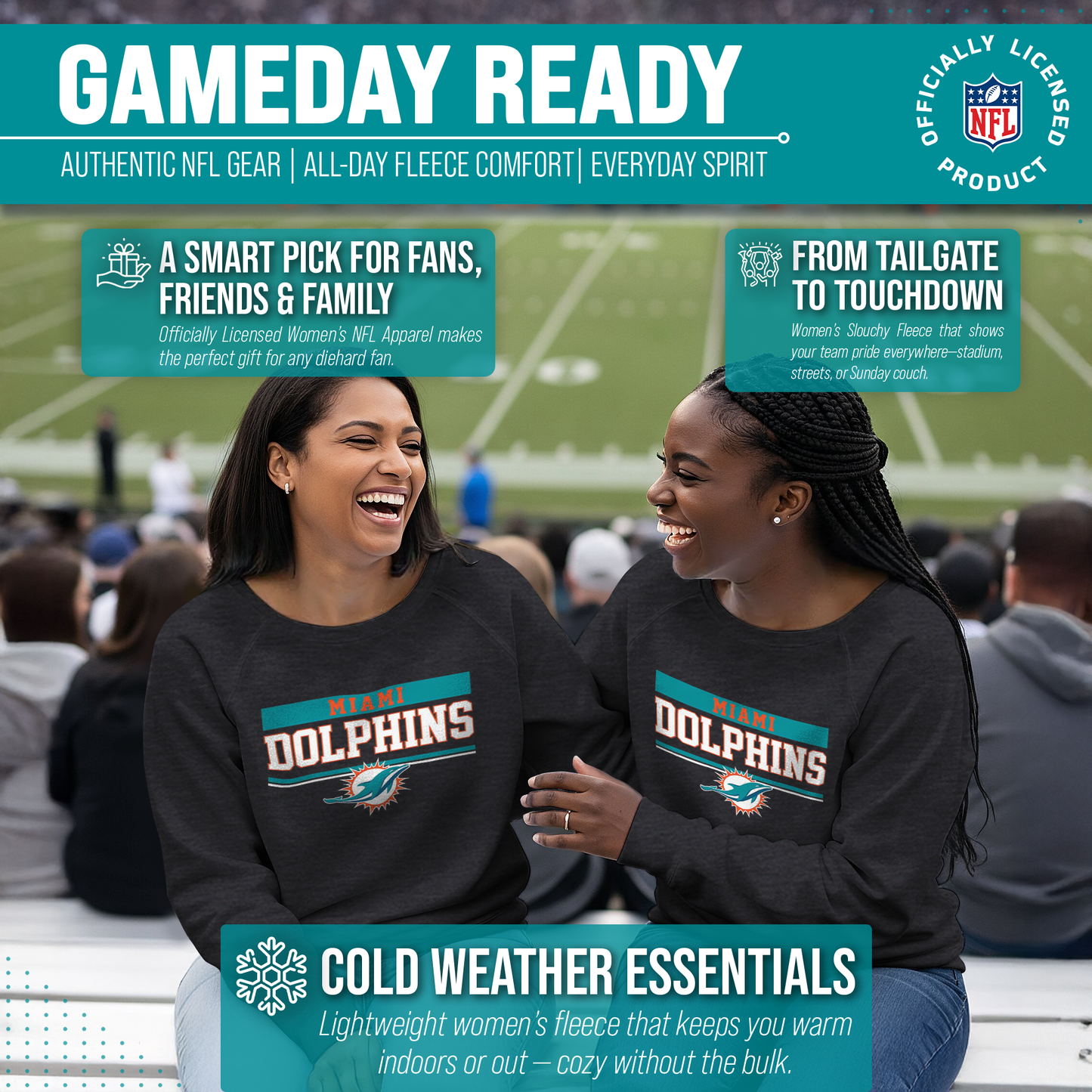 Miami Dolphins NFL Womens Charcoal Crew Neck Football Apparel - Charcoal