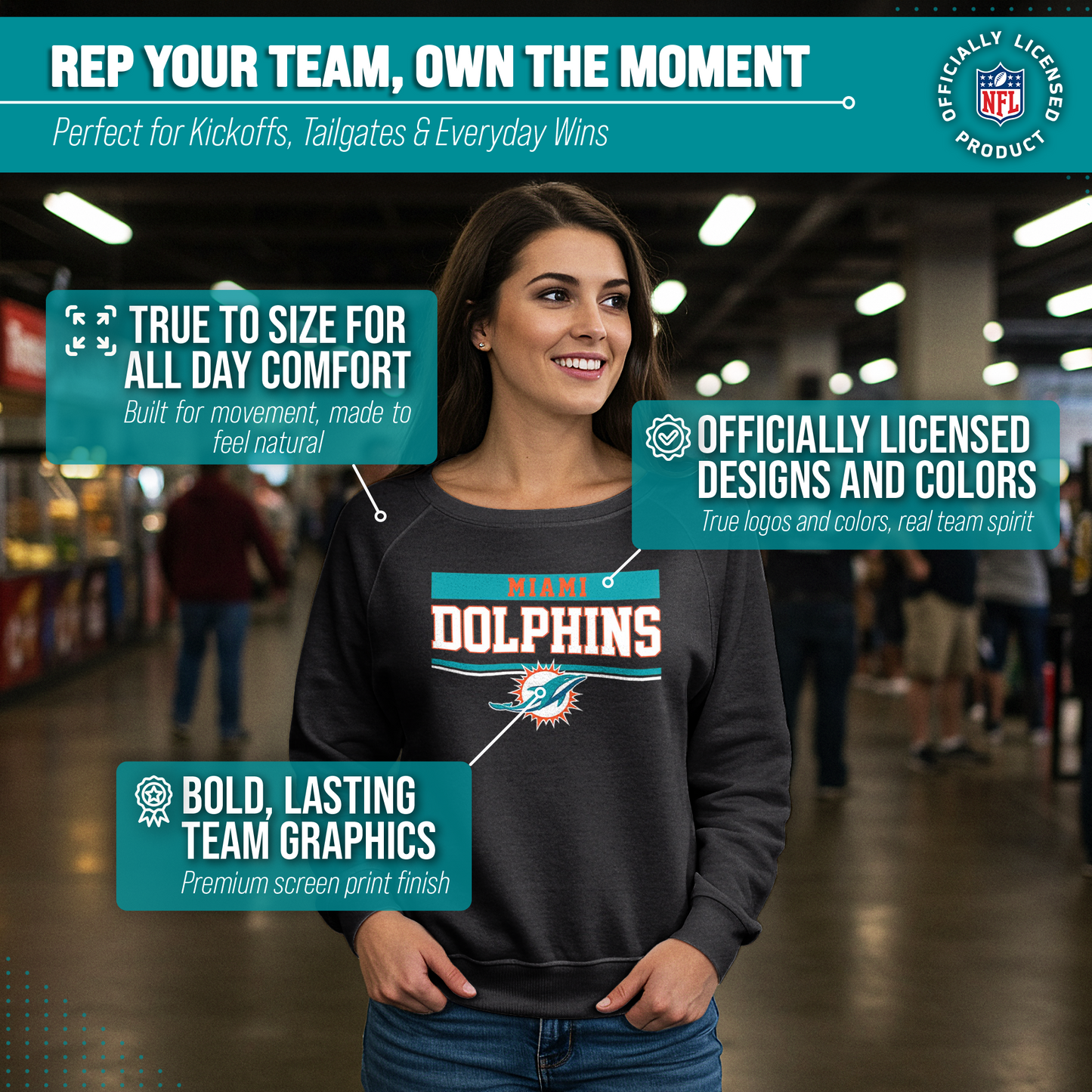Miami Dolphins NFL Womens Charcoal Crew Neck Football Apparel - Charcoal