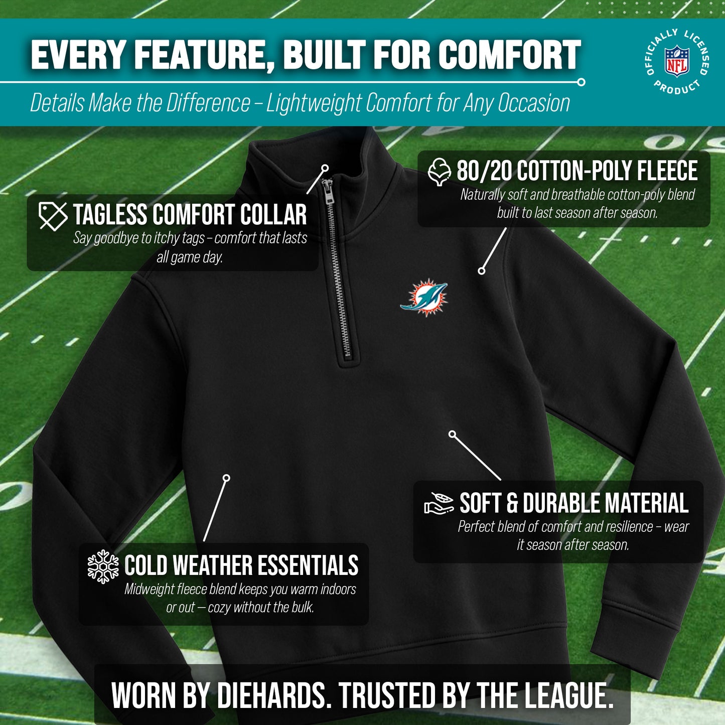 Miami Dolphins NFL Adult Unisex Team Logo Quarter Zip Pullover Sweatshirt - Black
