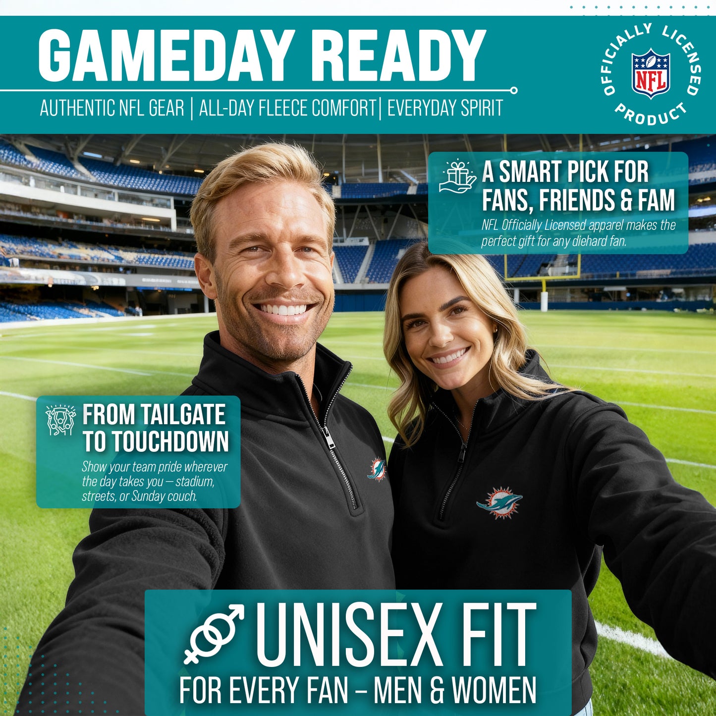 Miami Dolphins NFL Adult Unisex Team Logo Quarter Zip Pullover Sweatshirt - Black