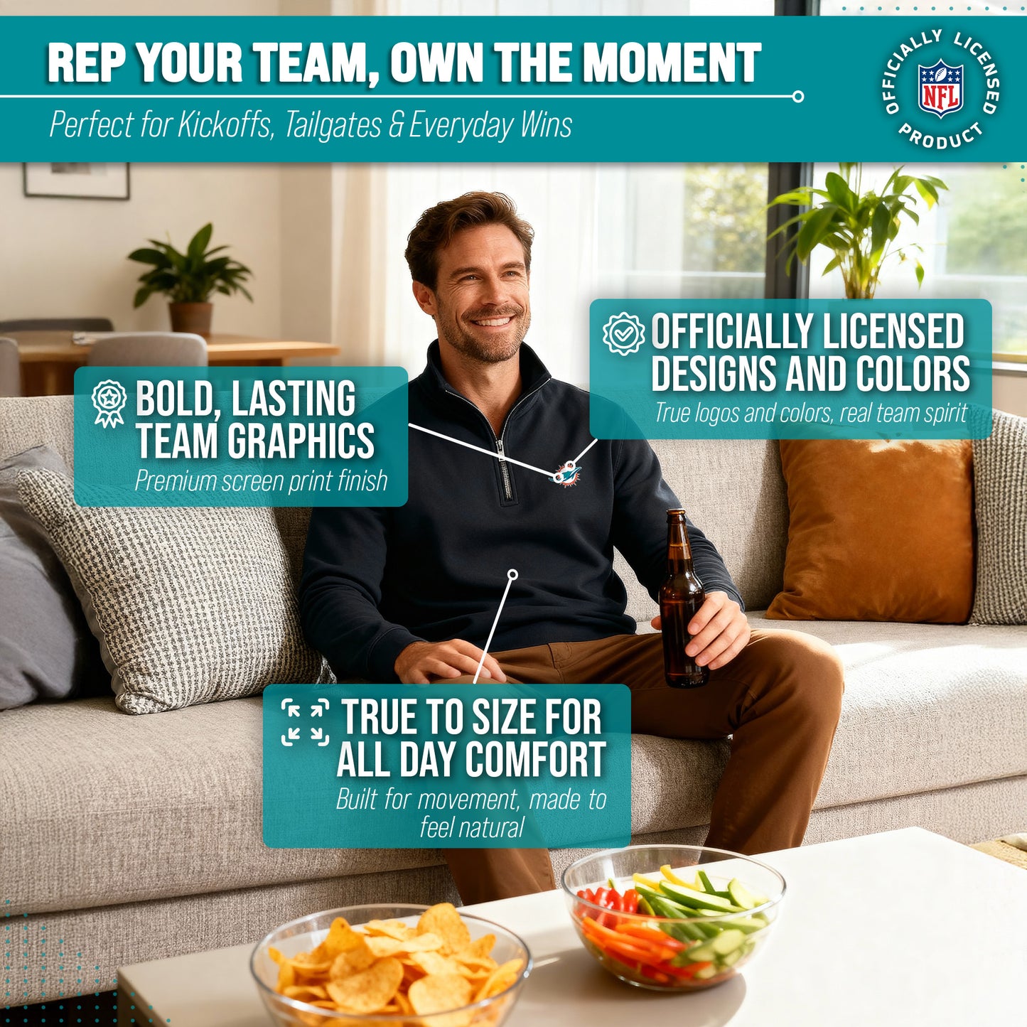 Miami Dolphins NFL Adult Unisex Team Logo Quarter Zip Pullover Sweatshirt - Black