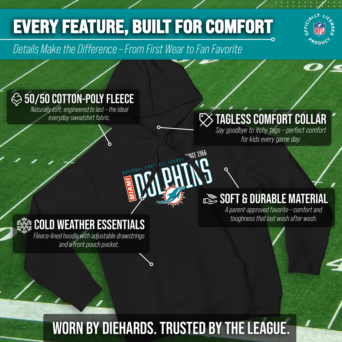 Miami Dolphins NFL Adult Unisex Modern Endzone Soft Fleece Hooded Sweatshirt - Black