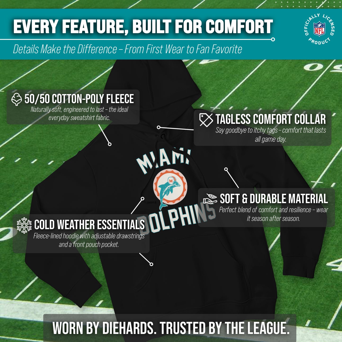 Miami Dolphins NFL Adult Unisex Retro Gameday Ultra Soft Fleece Hooded Sweatshirt - Black