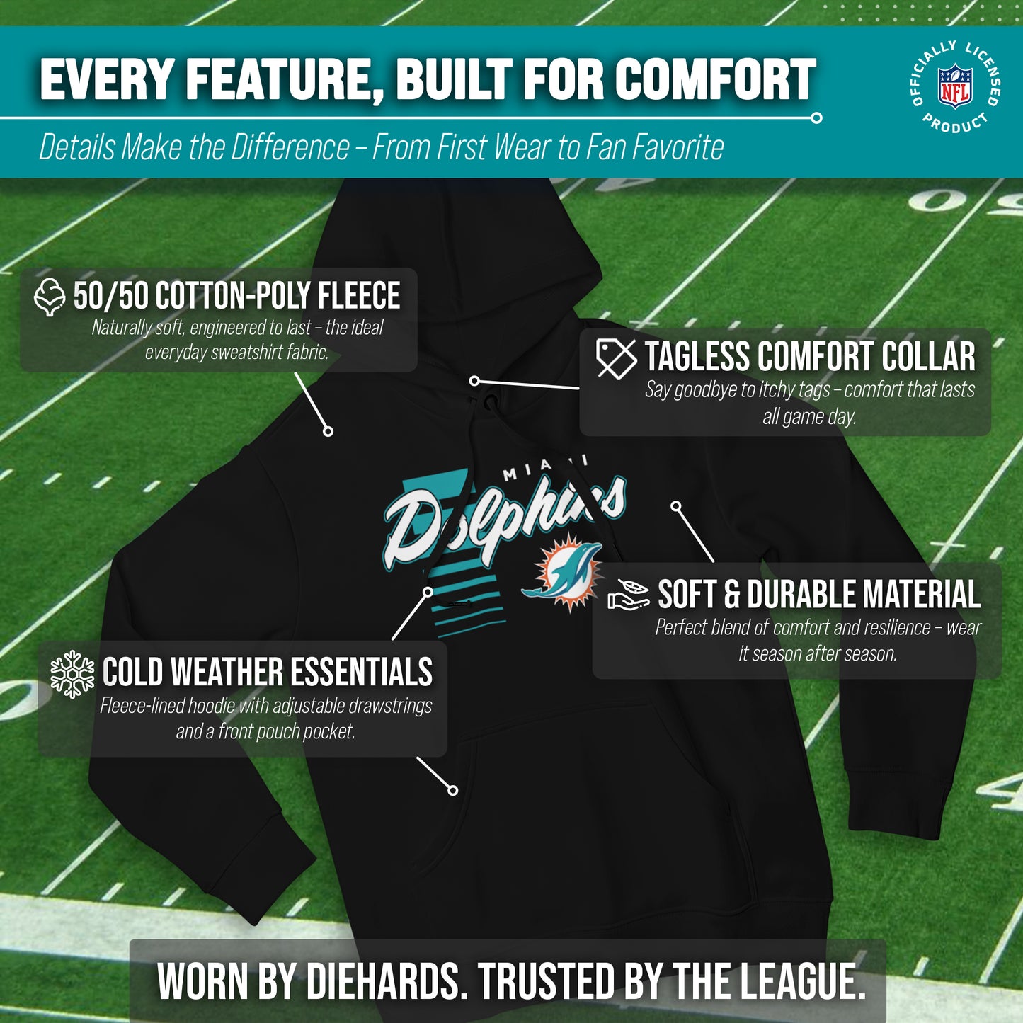 Miami Dolphins NFL Adult Unisex Retro Script Ultra Soft Fleece Hooded Sweatshirt - Black