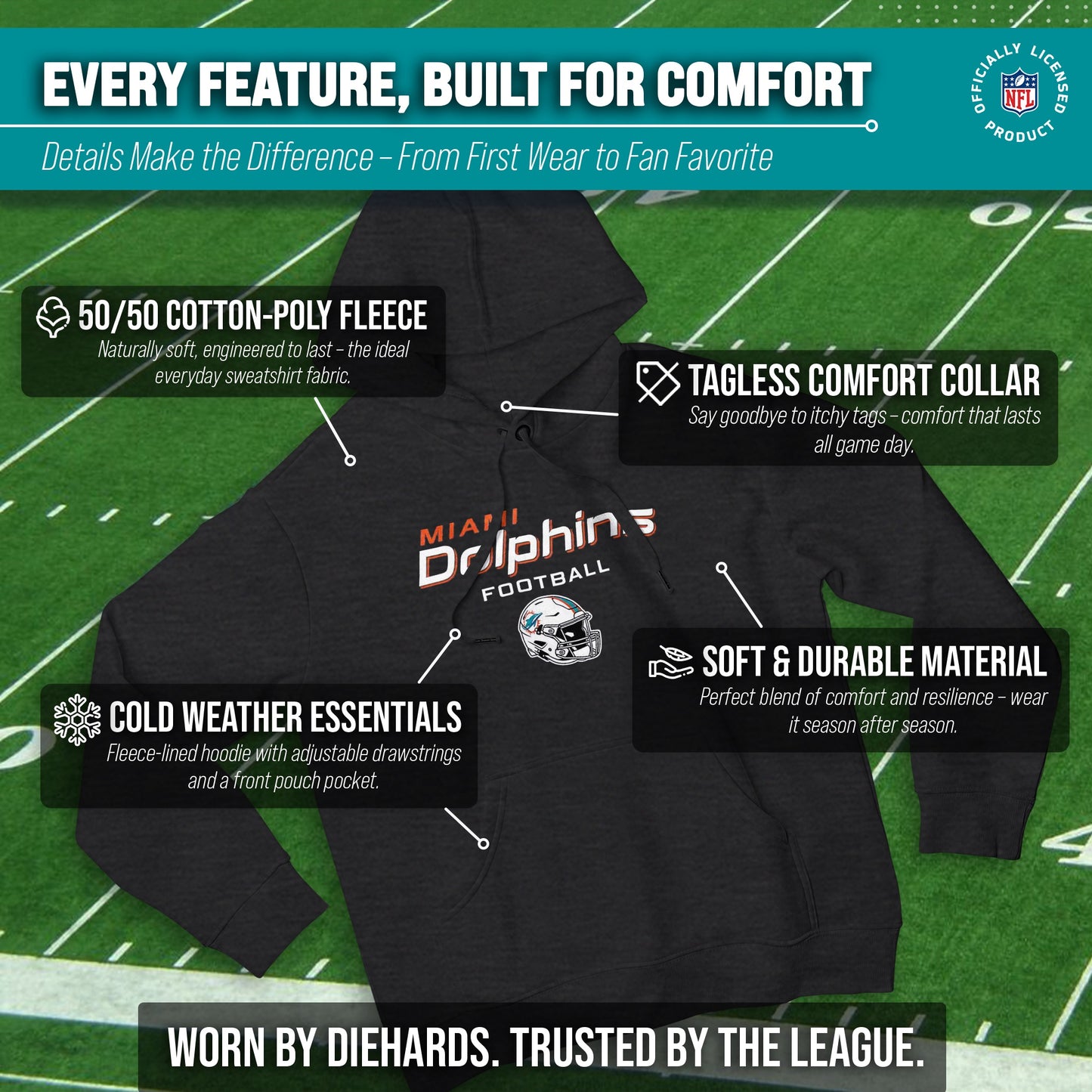 Miami Dolphins Adult NFL Football Helmet Heather Hooded Sweatshirt  - Charcoal