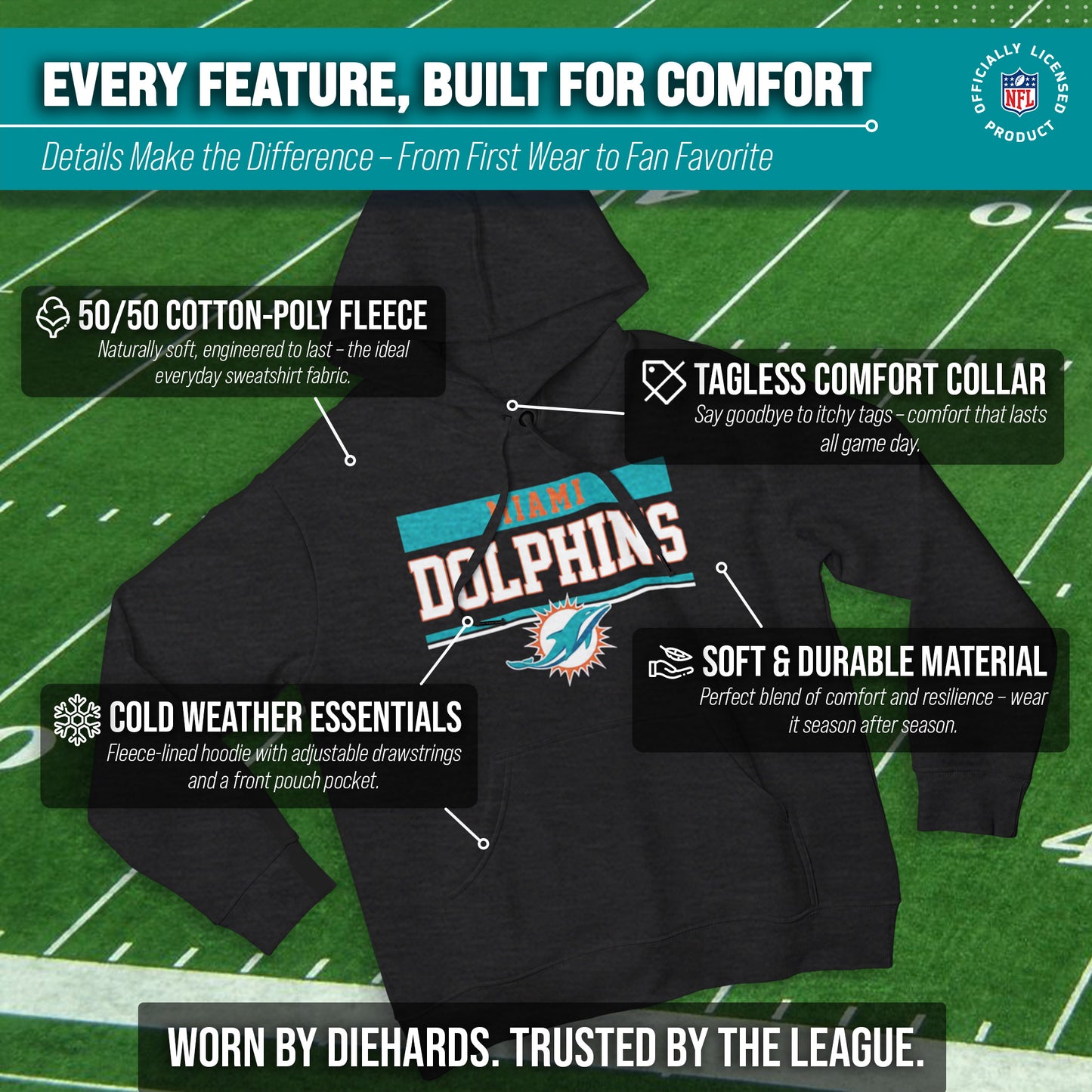 Miami Dolphins NFL Adult Gameday Charcoal Hooded Sweatshirt - Charcoal