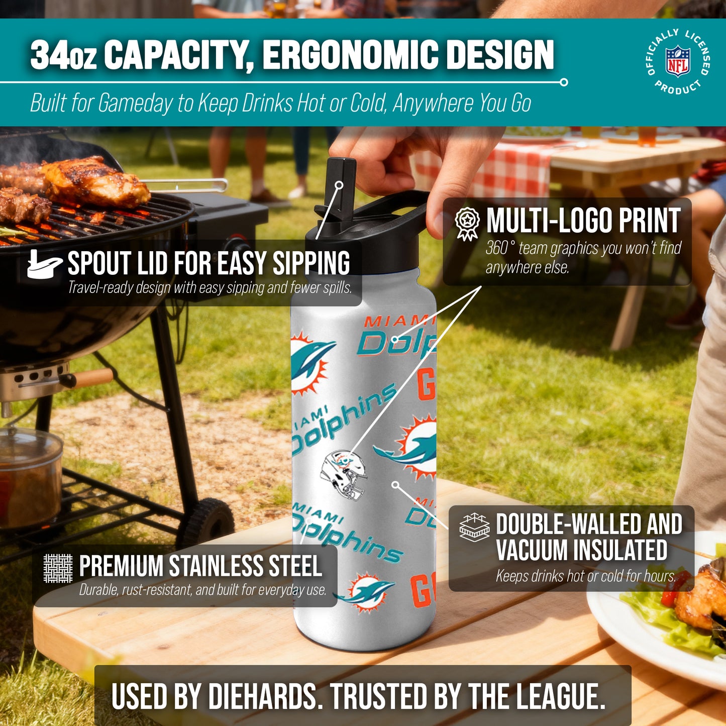 Miami Dolphins NFL 34Oz Native Quencher Water Bottle - White