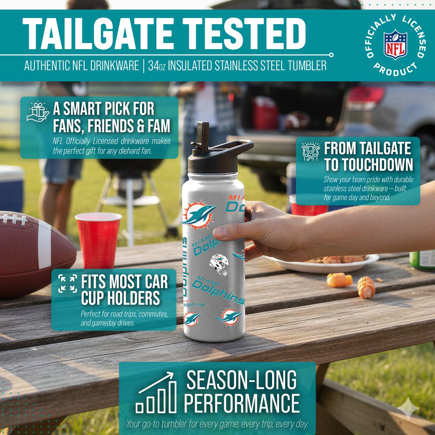 Miami Dolphins NFL 34Oz Native Quencher Water Bottle - White