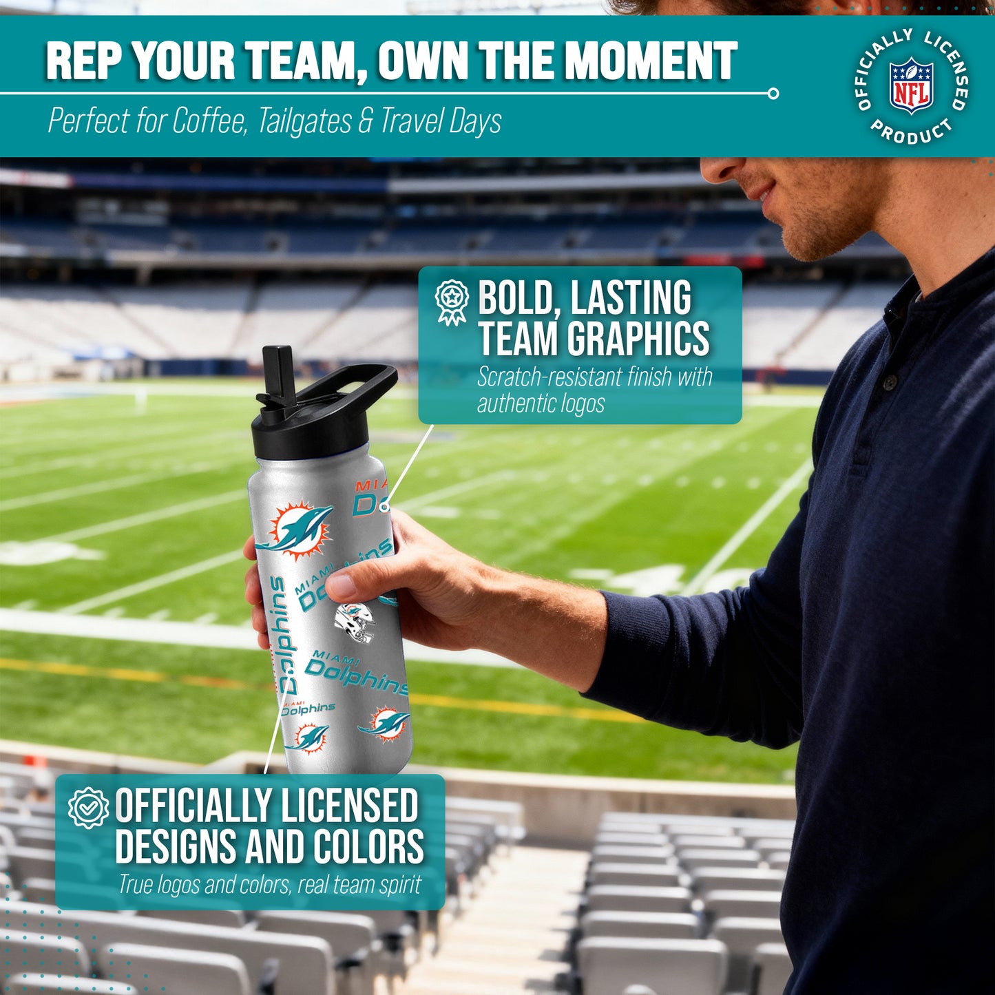 Miami Dolphins NFL 34Oz Native Quencher Water Bottle - White