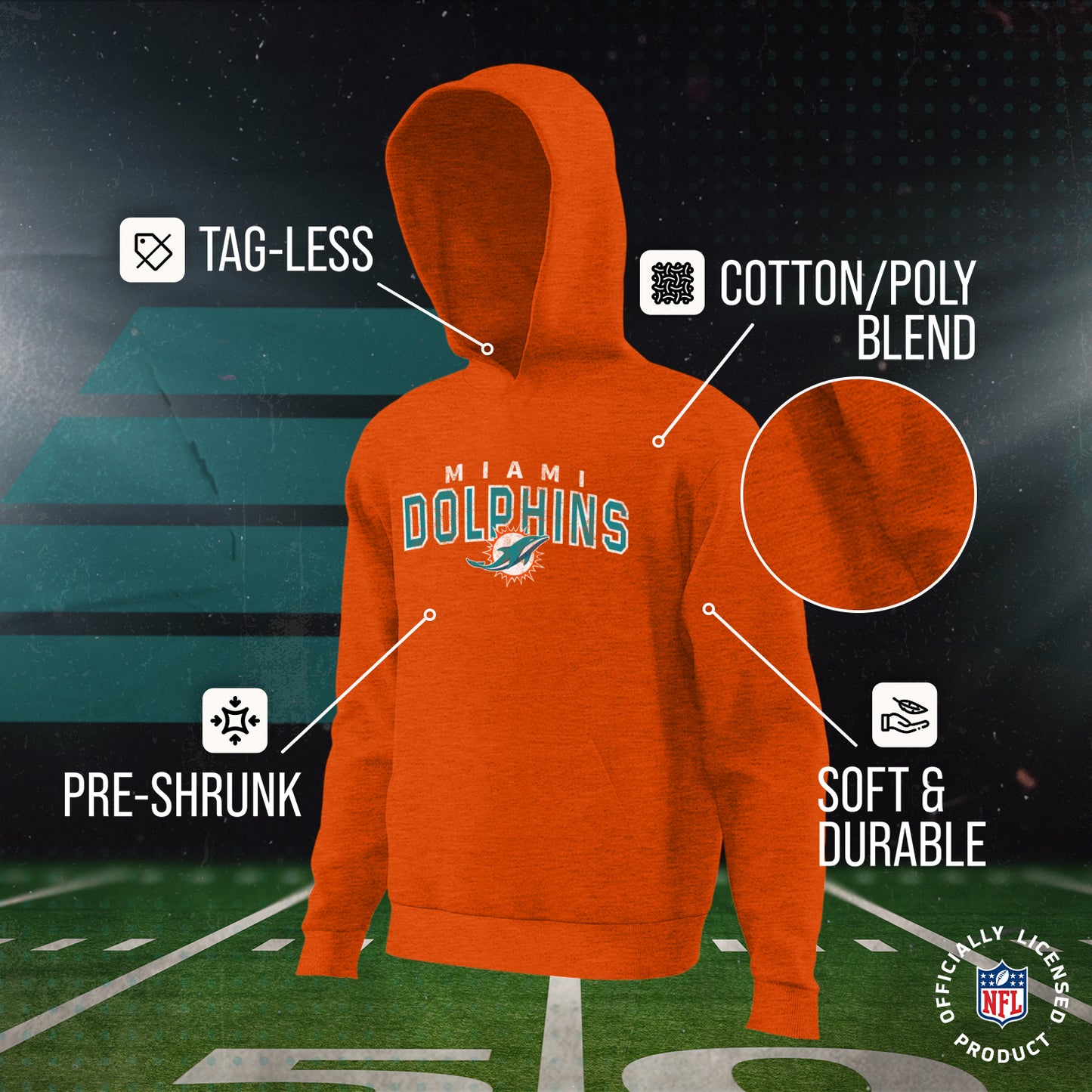 Miami Dolphins NFL Youth Starting Fresh Hoodie- Pro Football Sweatshirt for Boys and Girls - Orange