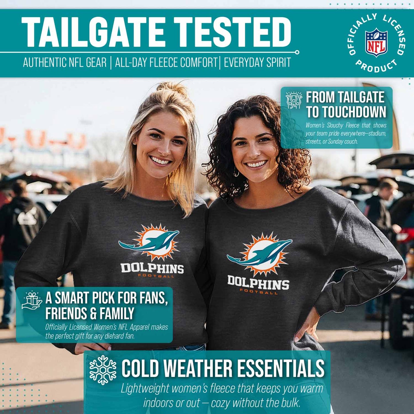 Miami Dolphins Women's NFL Ultimate Fan Logo Slouchy Crewneck -Tagless Fleece Lightweight Pullover - Charcoal