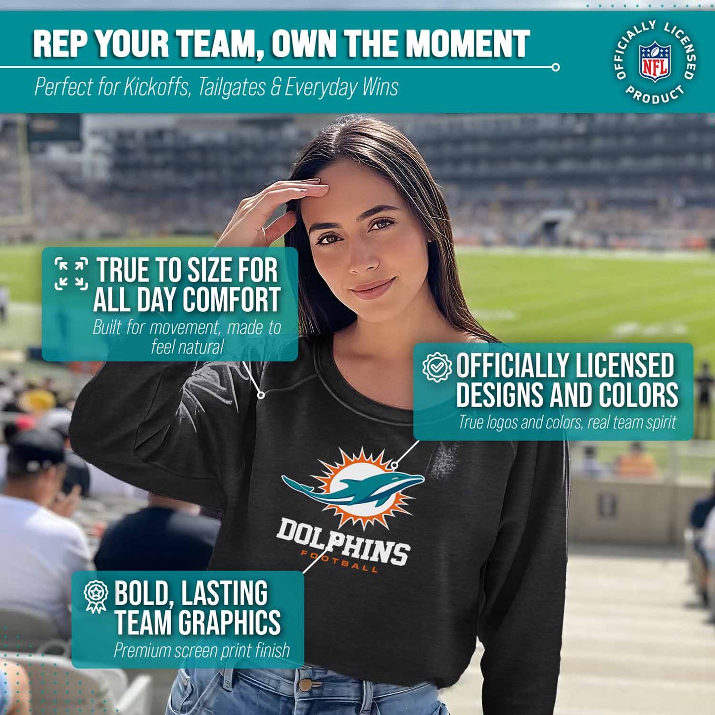 Miami Dolphins Women's NFL Ultimate Fan Logo Slouchy Crewneck -Tagless Fleece Lightweight Pullover - Charcoal